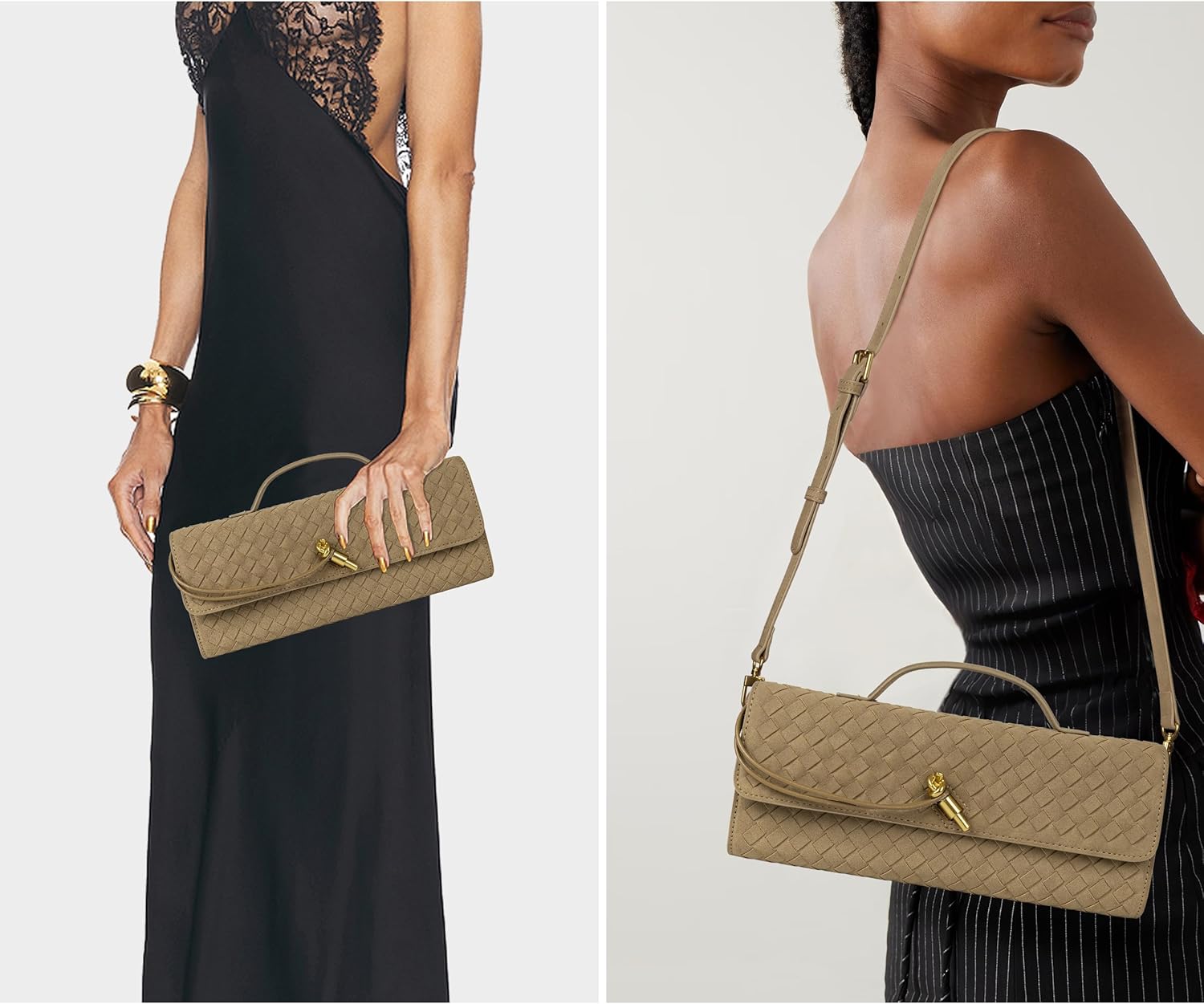 Joryin Woven Purse for Women Evening Clutch Woven Leather Handbags Light Brown Suede Crossbody Bag Purse Formal Evening Bag - Image 2