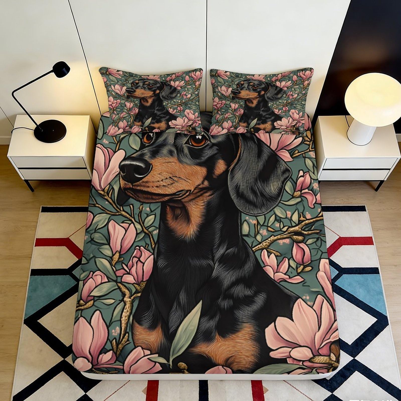 3D Printed Dachshund Floral Fitted Sheet Microfiber Soft Decorative Dog Bed Cover for Bedroom Guest Room 90x200x25cm