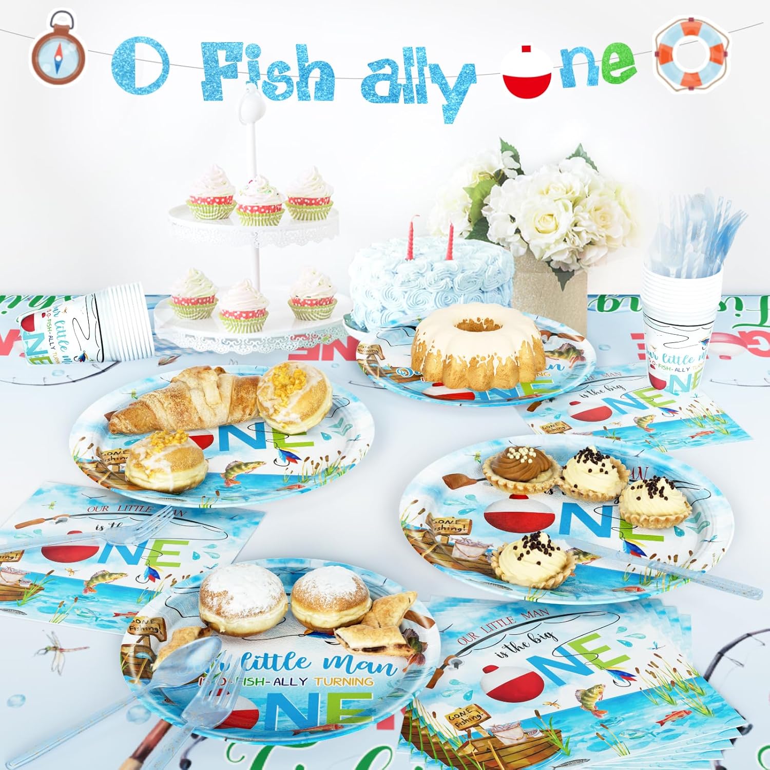 Ofishally One Birthday Decorations, 196 PCs - Gone Fishing 1st Birthday Party Supplies, Fish Banner Tablecloth Tableware with Plates Napkins Cups Cutlery for O Fishally One First Supplies - Image 5