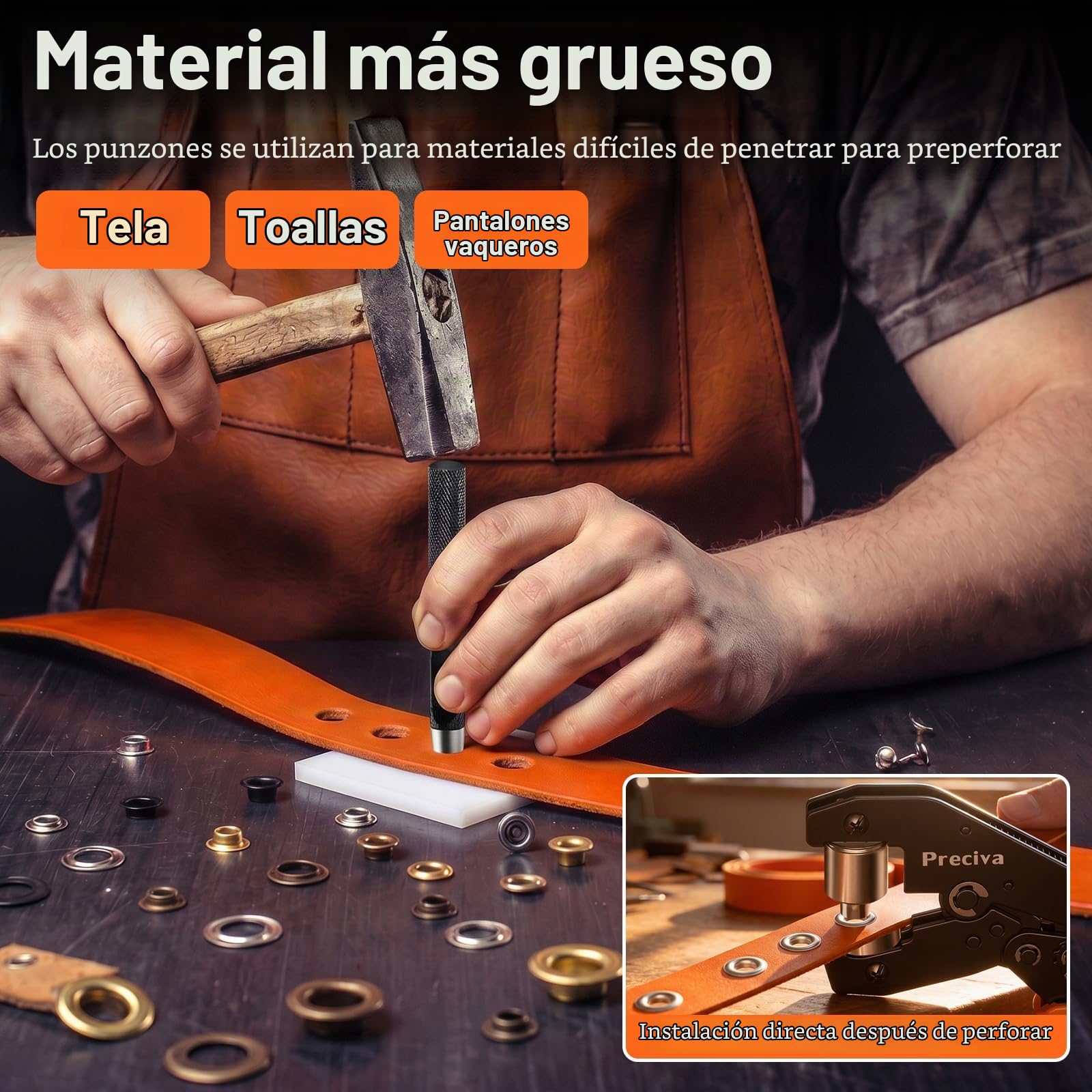 Preciva Kit de Remachadora de Ojales con Cabezales Intercambiables, Herramienta de Engaste con Ojales de 4 Colores de 6/10/12 mm, Alicate Sacabocados con Maletín para Lonas de PVC, Toldos y Cartón