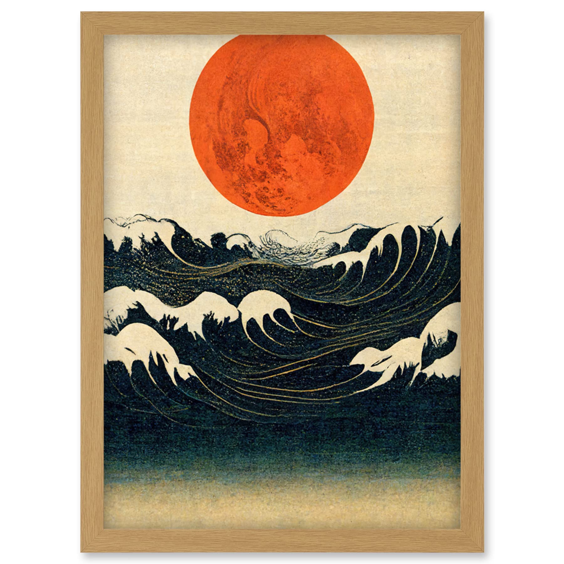 Doppelganger33 LTD Minimalist Large Orange Moon Over Ocean Waves Ukiyo-e Style Artwork Framed Wall Art Print A4