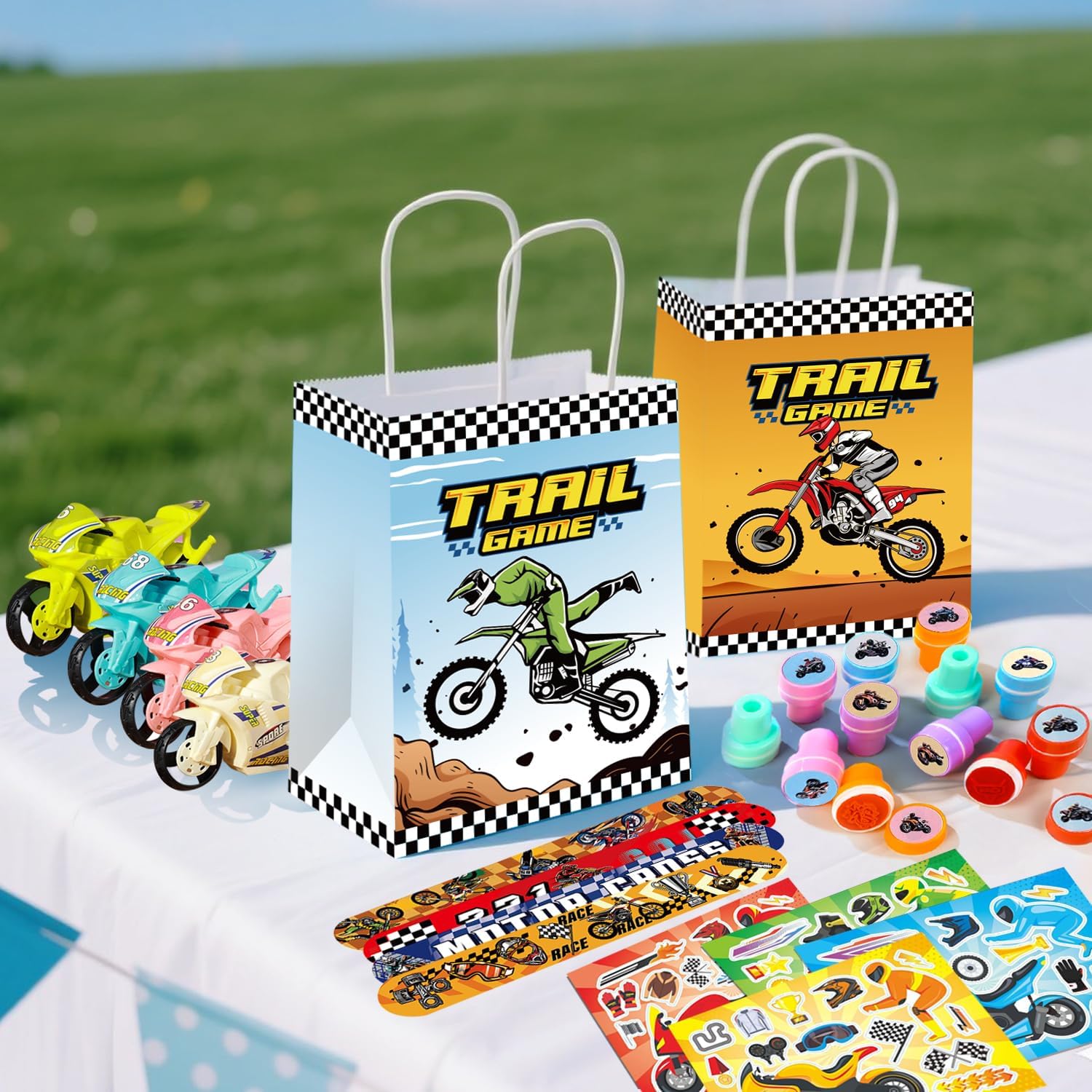 Motorcycle Birthday Party Favors Bags Fillers, 110pcs Dirtbike Party Goodie Bag Bracelets Stampers DIY Motorcycle Stickers etc Dirt Bike Birthday Party Decorations Supplies