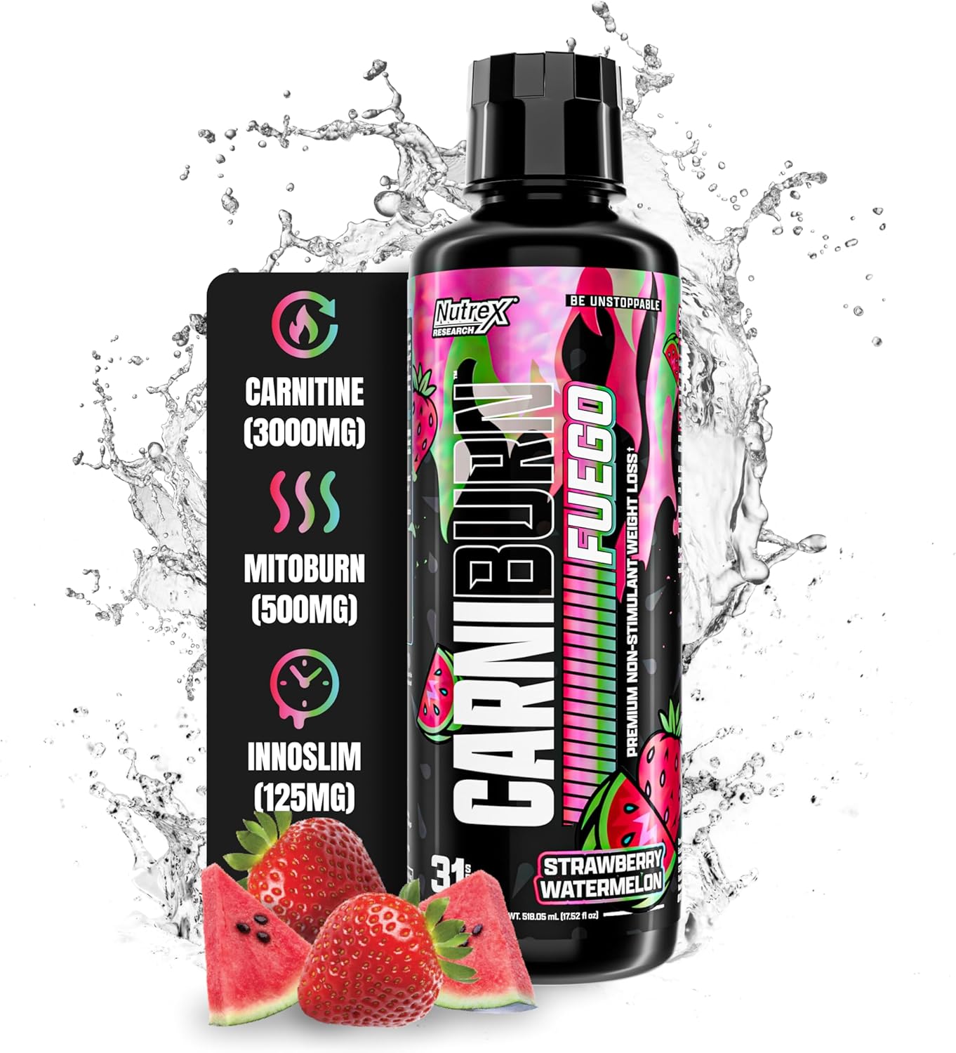 Nutrex Research Carniburn Liquid L Carnitine 3000mg – Thermogenic Liquid Fat Burner for Men & Women with MitoBurn, InnoSlim, GBBGO - Stimulant Free Metabolism Booster - Strawberry Watermelon 31 SV