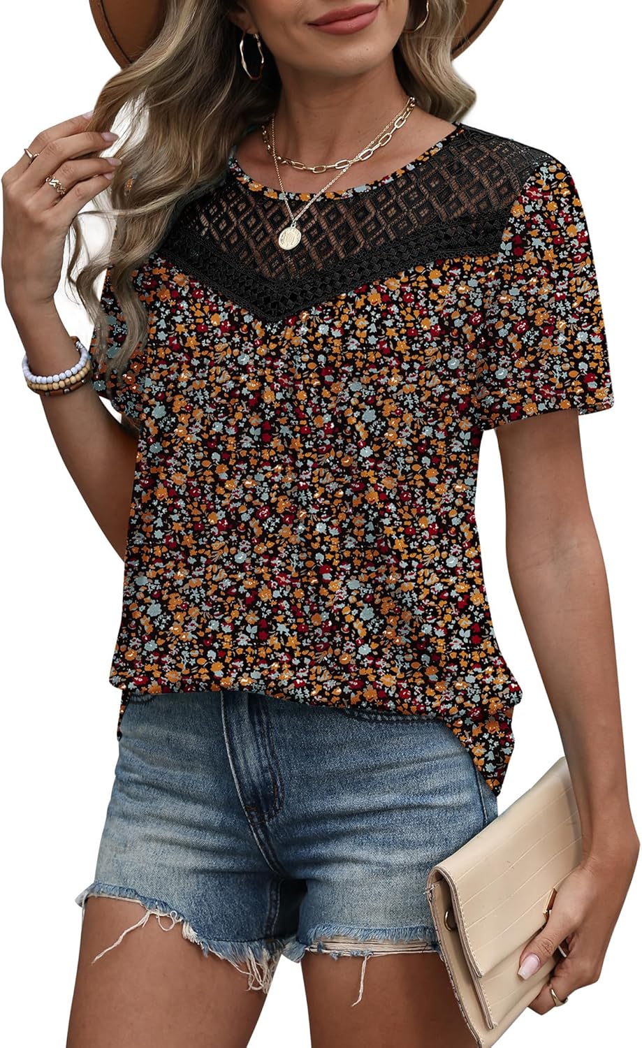 WIHOLL Womens Tops Short Sleeve Lace Shirts Summer Spring Tops Boho Trendy Beach Vacation Clothes Loose Fit - Image 4