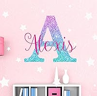 Vista 1 de Girls Nursery Shimmer Rainbow Printed Initial and Stars Custom Personalized Name and Initial Kids Vinyl Wall Decal, Wall Sticker Decor for Babies
