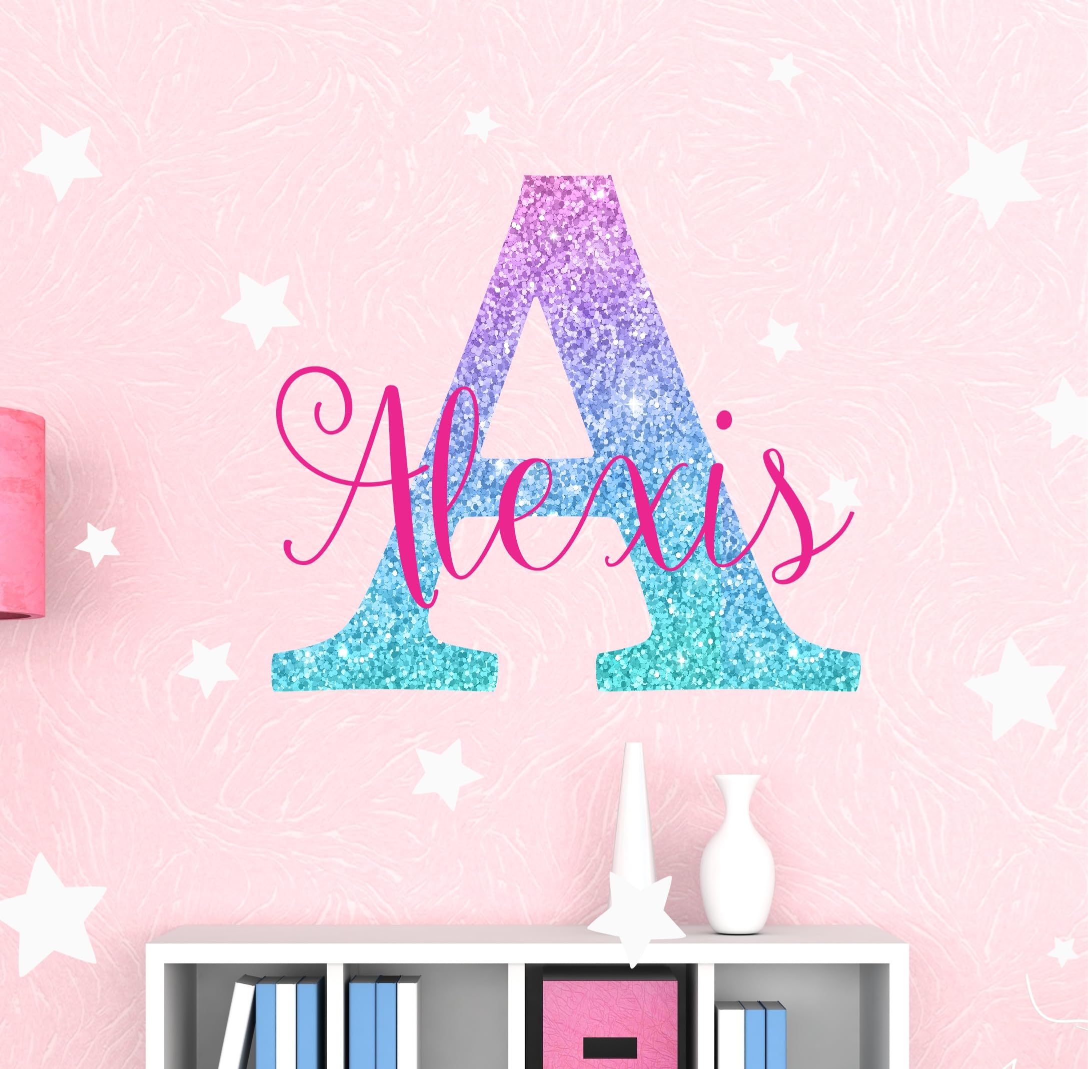 Girls Nursery Shimmer Rainbow Printed Initial and Stars Custom Personalized Name and Initial Kids Vinyl Wall Decal, Wall Sticker Decor for Babies (