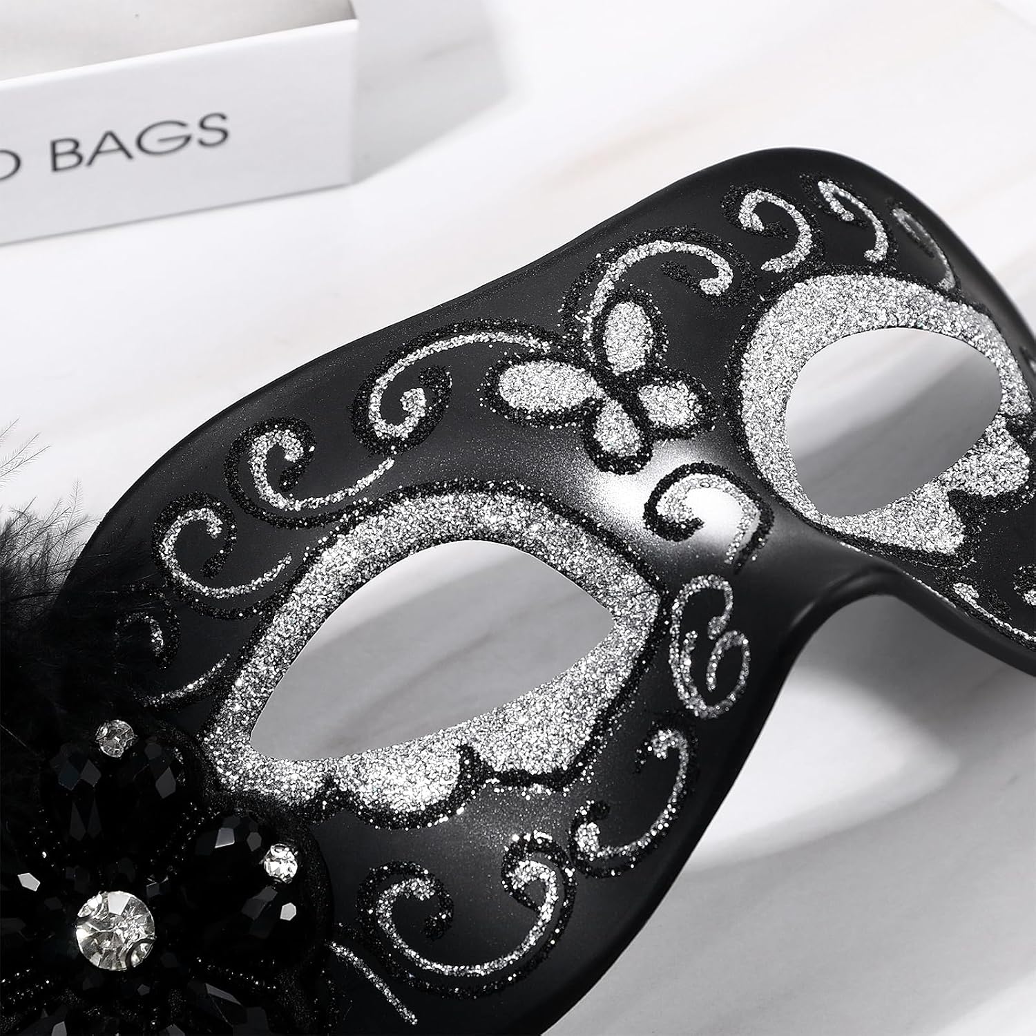 Womens Masquerade Mask with Stick and Feather: Handheld Costume Mardi Gras Venetian Party Masks Halloween Decoration - Image 7