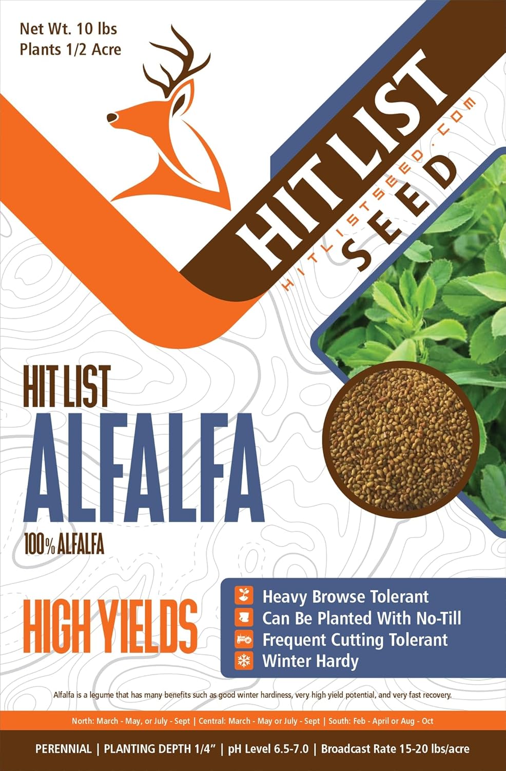 HIT LIST SEED®No Till Alfalfa Food Plot Seeds for Deer [Perennial] - Deer Food Plot Seed Throw and Grow - Deer Plot Seed Mix Perennial No Plow - 100% Alfalfa - Spring, Summer & Fall Planting - 10 lbs