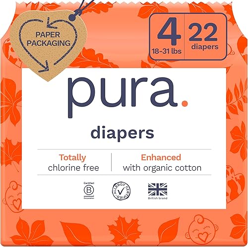 Pura - Pañales ecológicos talla 4 (18-31 libras), sin cloro (TCF), hipoalergénicos, algodón orgánico suave, sostenibles, cómodos, hasta 12 horas de