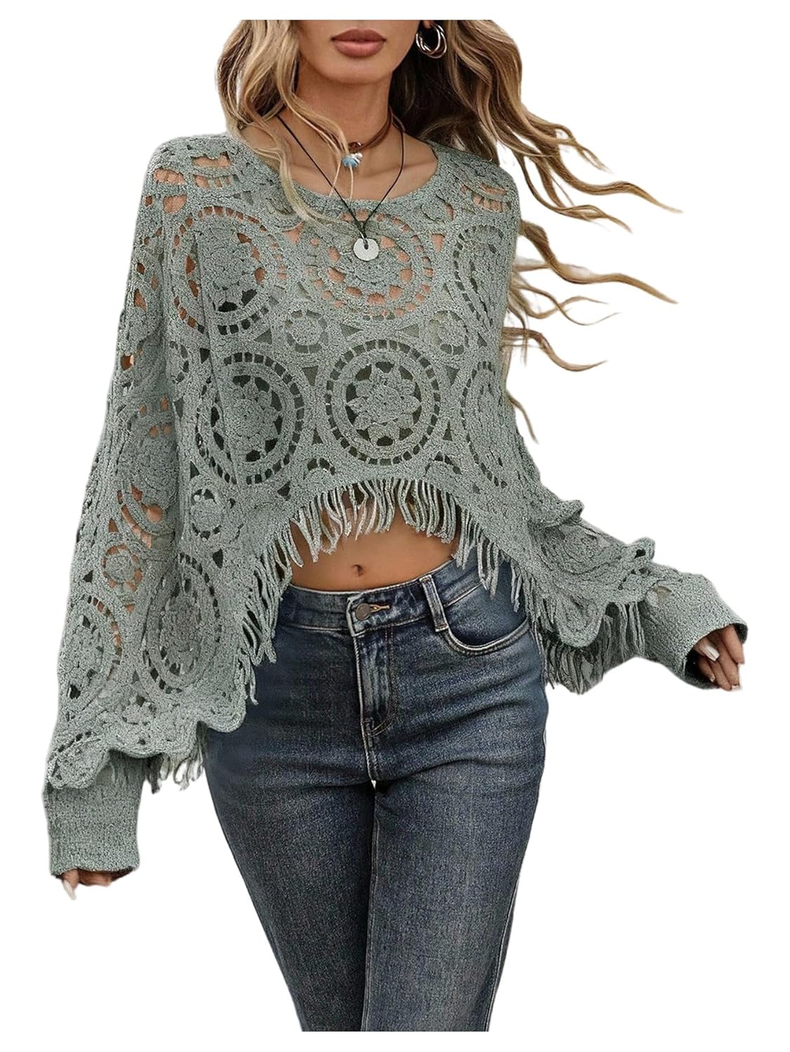 SHENHE Womens Hollow Out Crochet Fringe Crop Top Lightweight Knit Boho Western Sweater