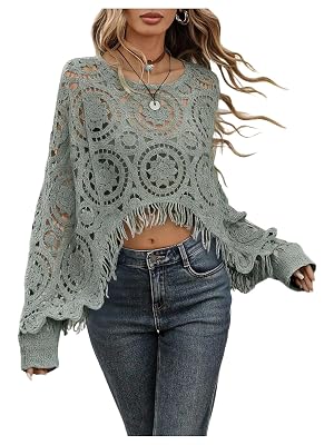 SHENHE Womens Hollow Out Crochet Fringe Crop Top Lightweight Knit Boho Western Sweater