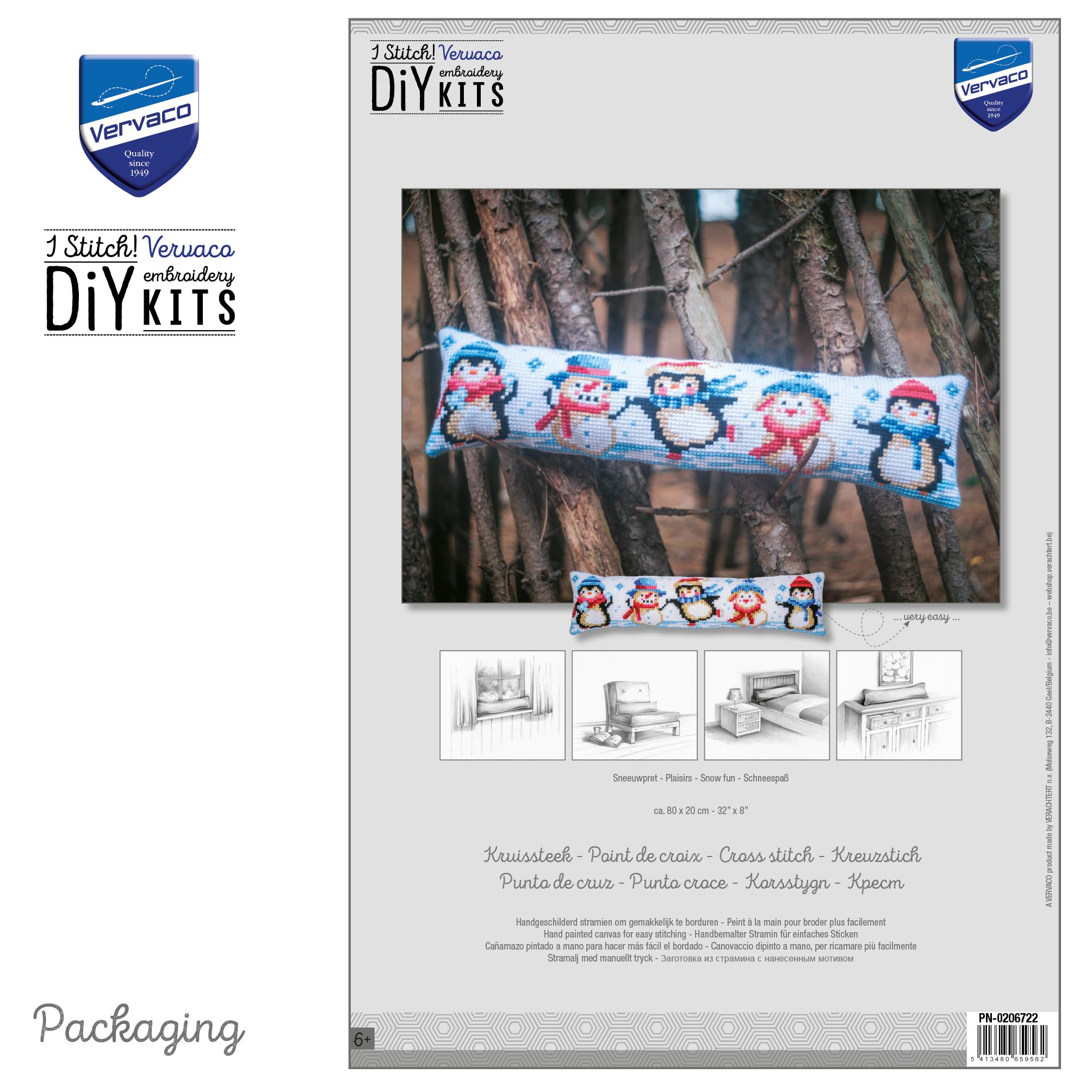 VERVACO Zestaw do Haftu Krzyżykowego Wałek pod drzwi ZABAWA NA ŚNIEGUKanwa z Nadrukiem 80 x 20 cm Gruba Włóczka Akrylowa Zrób to Sam Dekoracja Domu DIY Cross Stitch Kit