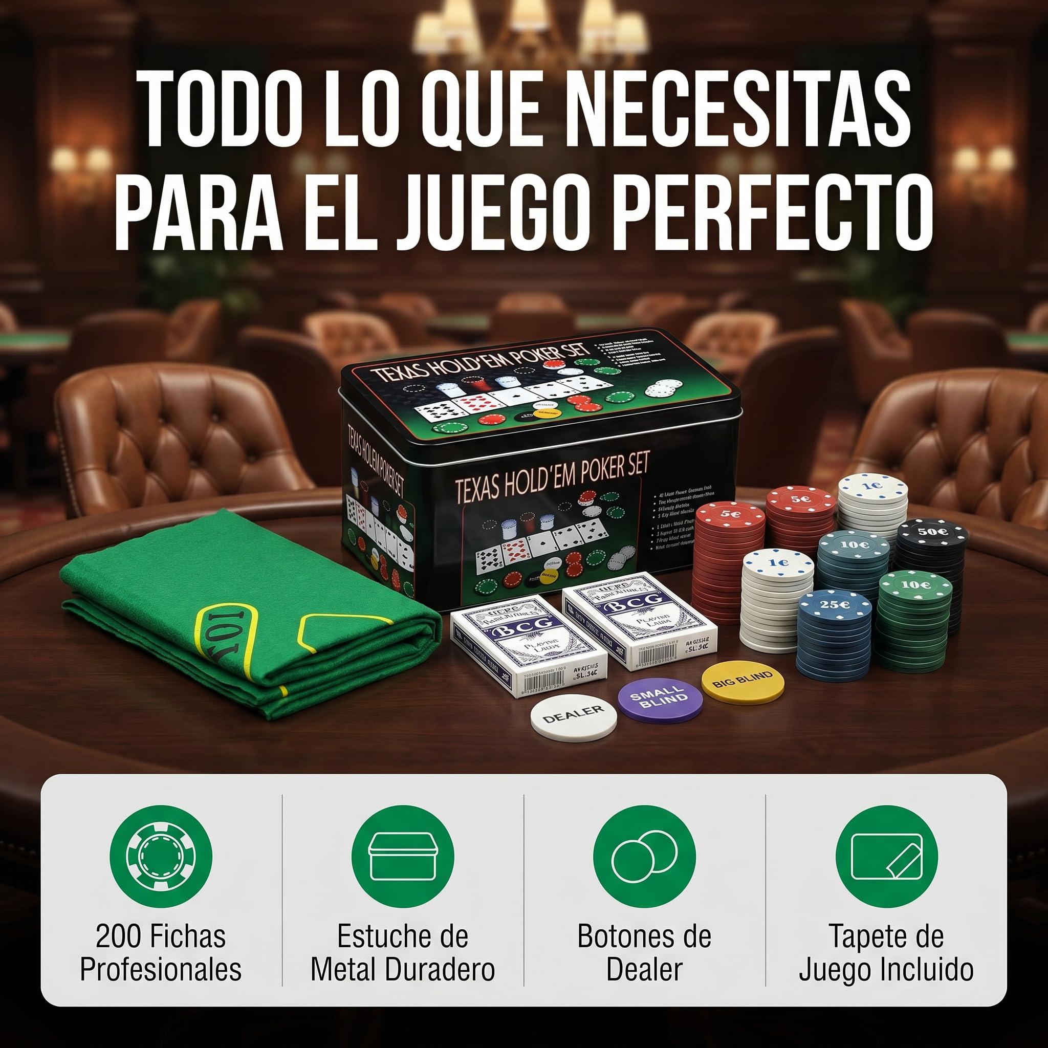 various Set de poker avec 200 jetons et boîte métallique, jeu de poker Texas Holdem avec 2 Decks et bouton Dealer, Kit Poker pour Blackjack, casino et soirées de jeu en famille