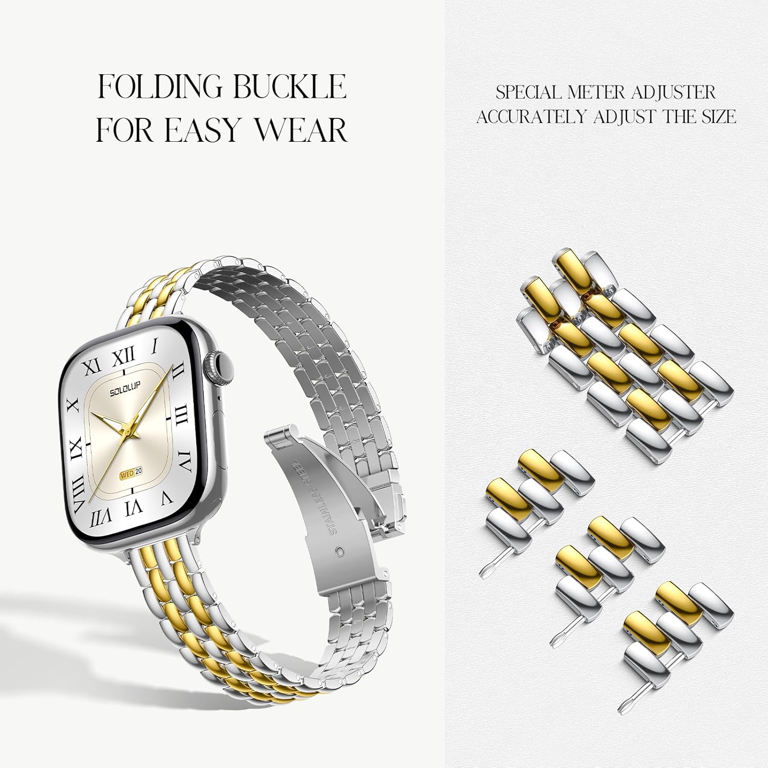 SOLOLUP Slim Metal Band Compatible With Apple Watch Bands for Women Series 11 10 9 8 7 6 5 4 3 SE 3/2/1,Thin Dressy Stainless Steel Strap Elegant Band for iWatch Bands 38mm 40mm 41mm 42mm,Silver-Gold - Image 4