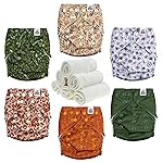 Mama Koala 3.0 Cloth Diapers for Babies with Suede Cloth Lining, 6 Pack with 6 Natural Diaper Inserts - Reusable Pocket Diapers (Neutral Leaves)