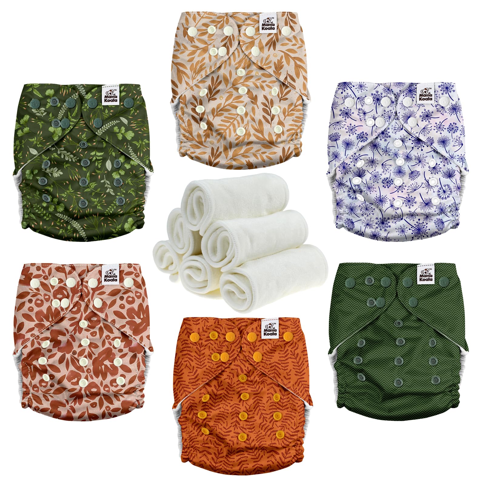 Mama Koala 3.0 Cloth Diapers for Babies with Suede Cloth Lining, 6 Pack with 6 Natural Diaper Inserts - Reusable Pocket Diapers (Neutral Leaves)