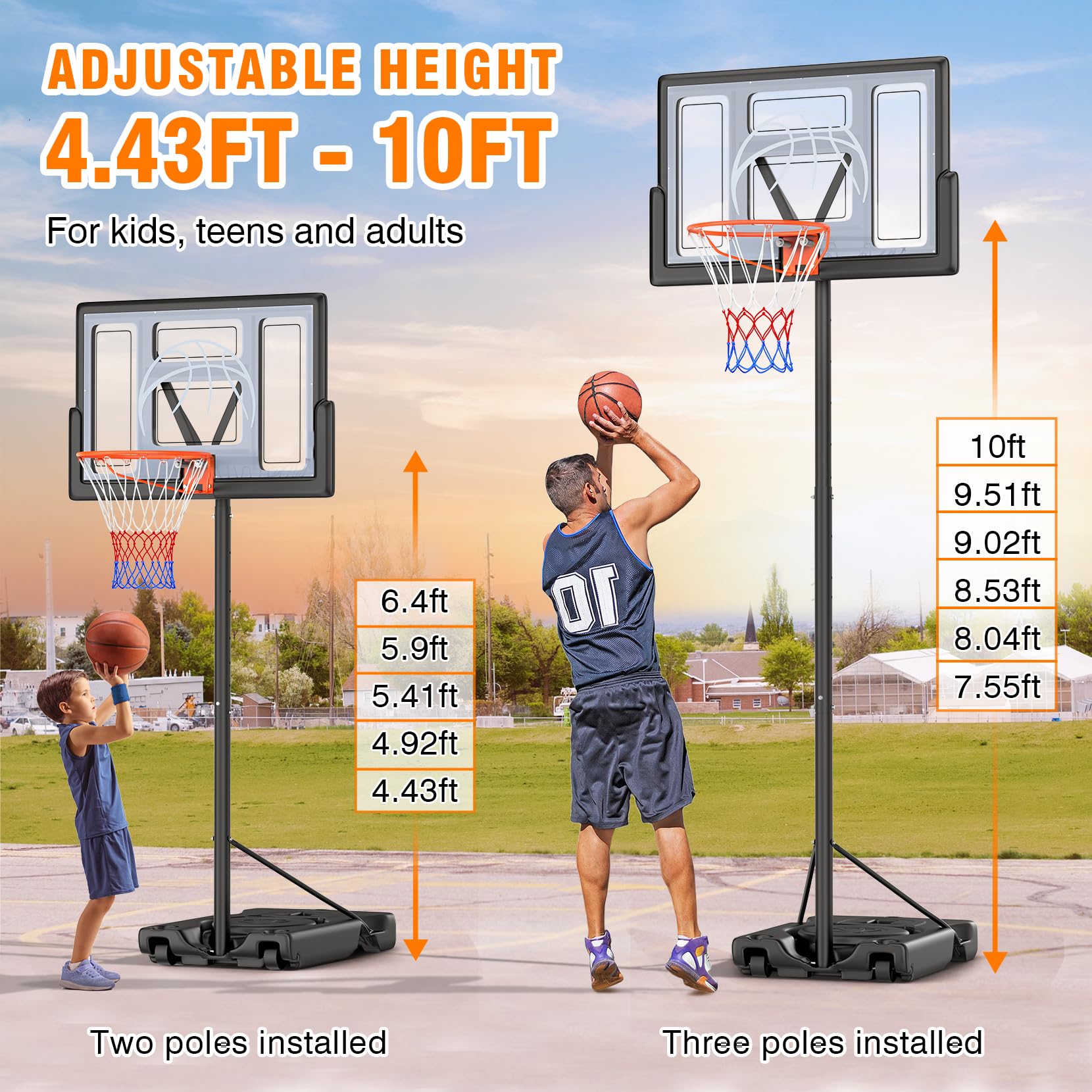 Jocoevl 10FT Portable Basketball Hoop - Adjustable Height 5-8.5FT, 44 Inch Shatterproof Backboard, Fillable Base With Wheels - View #8