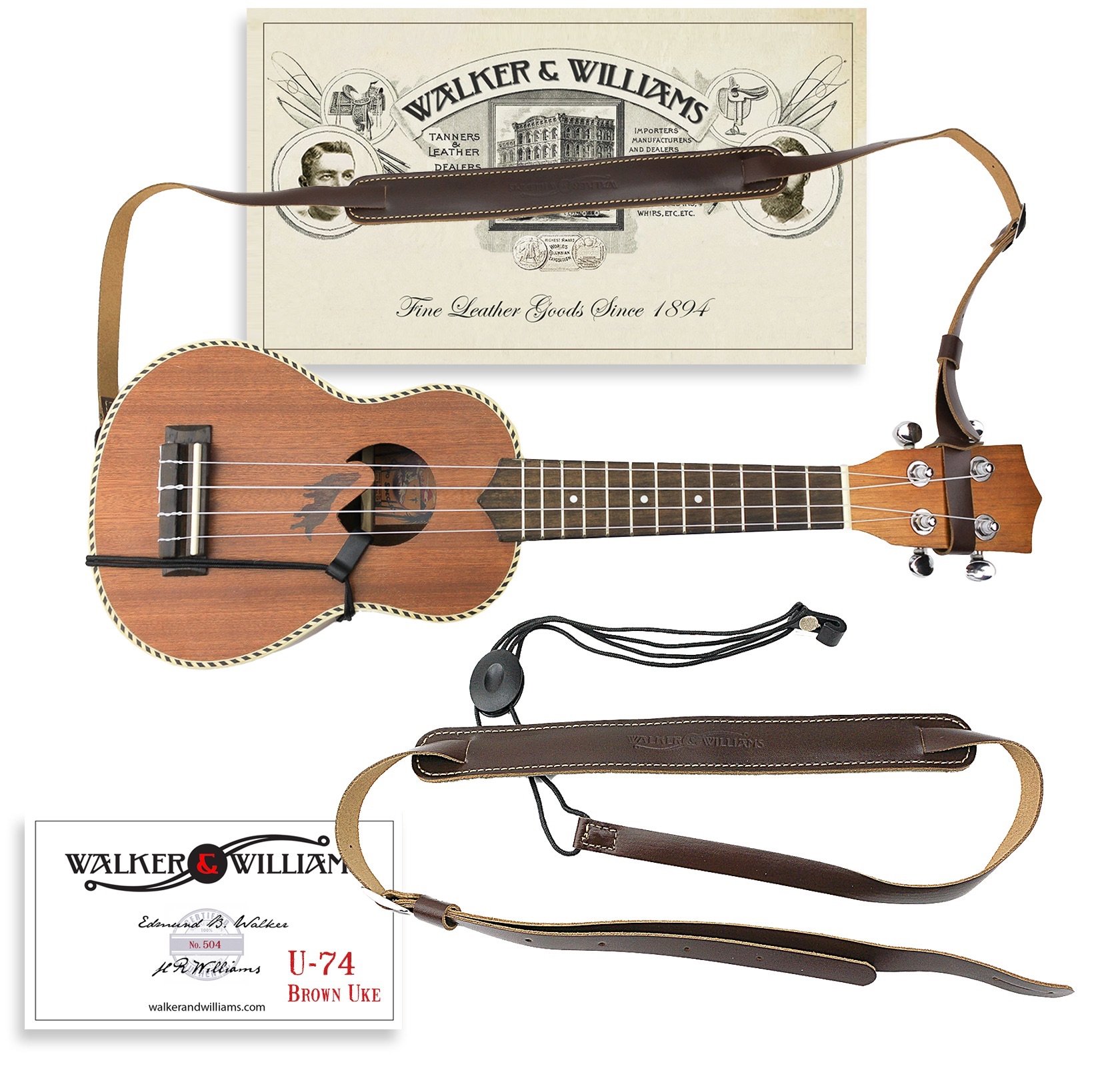 Walker & Williams U-74 Soft Dark Brown Leather Adjustable Hands-Free Ukulele Strap