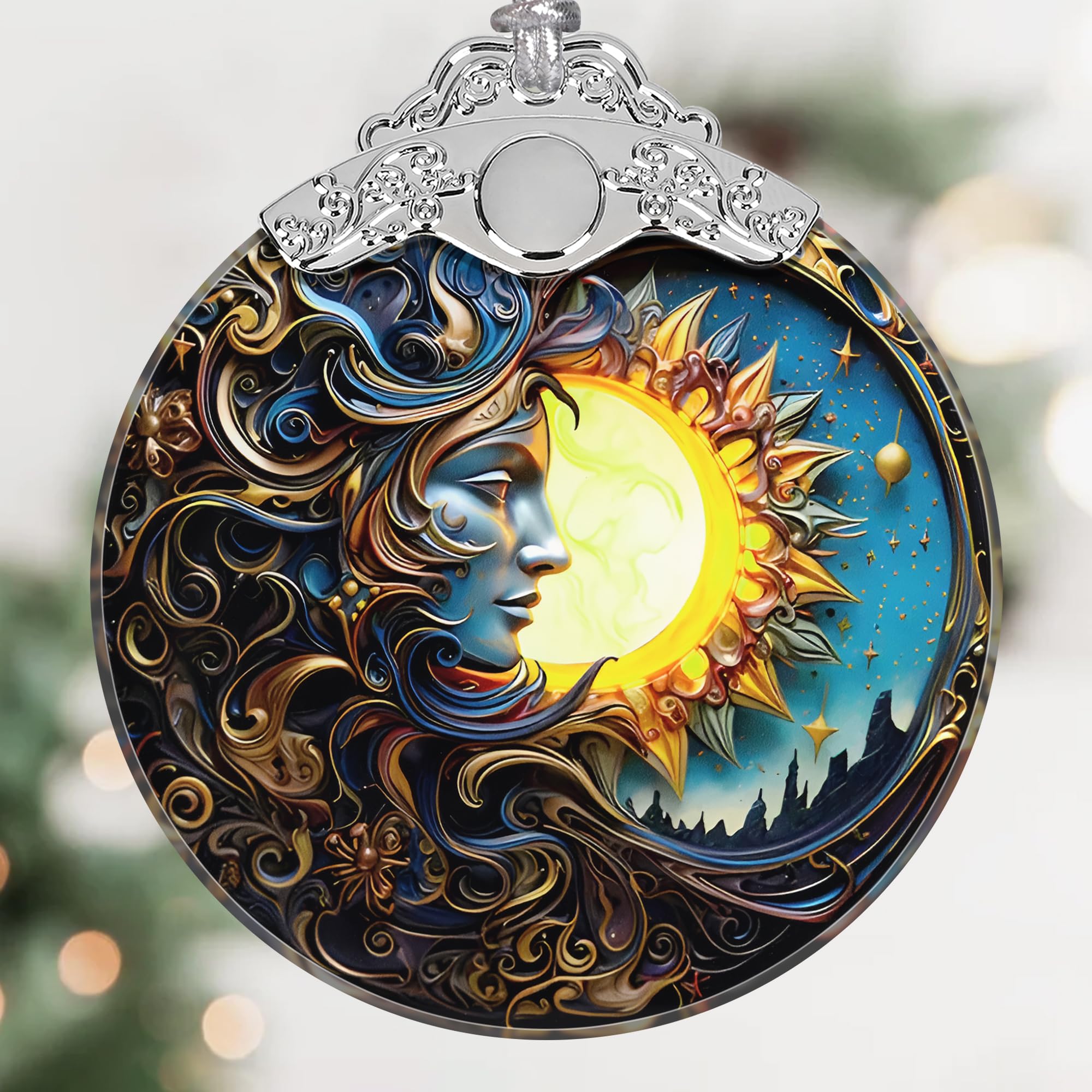 Sun Moon Stained Glass Hanging Ornament - Christmas Tree Decoration Idea