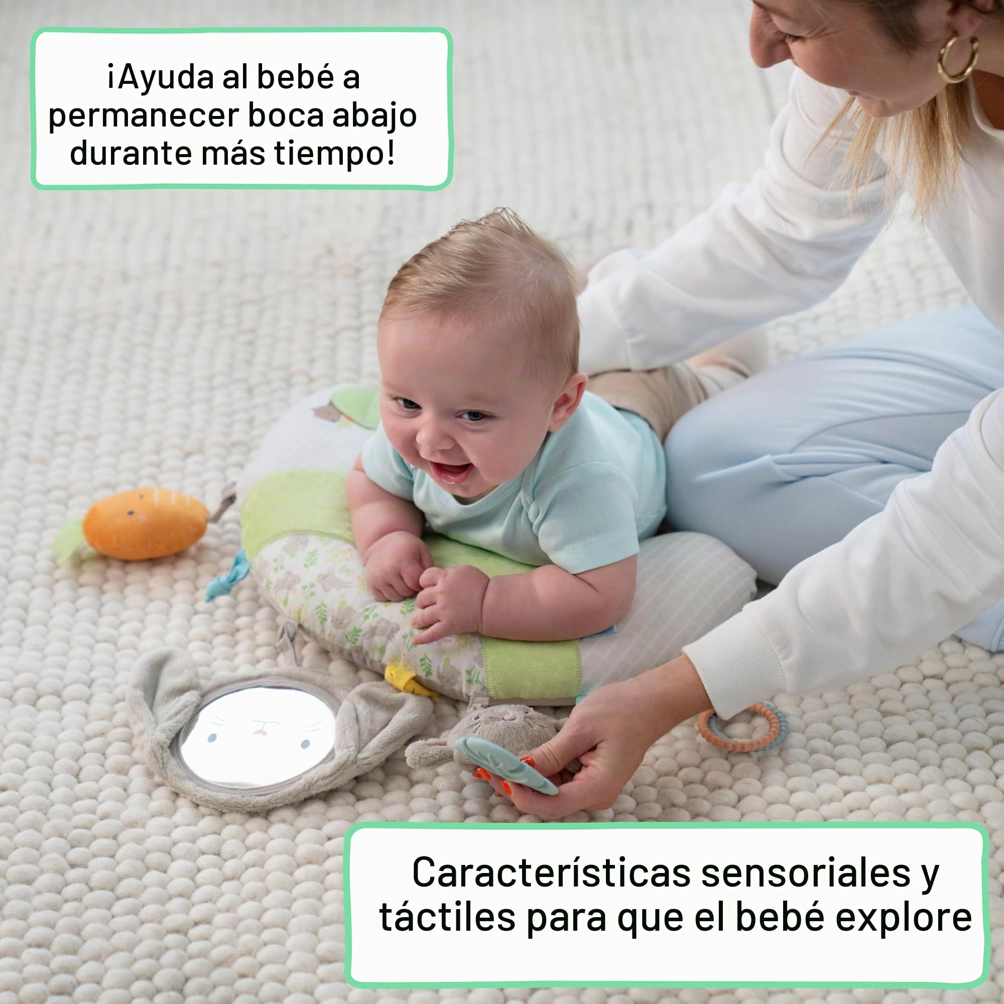 Ingenuity, Cojín para el Tiempo Boca Abajo Cozy Prop Sylvi, Multisensorial con 4 Juguetes Desmontables, Estimula el Desarrollo y la Coordinación, Suave Conejito de Peluche, Desde Recién Nacidos