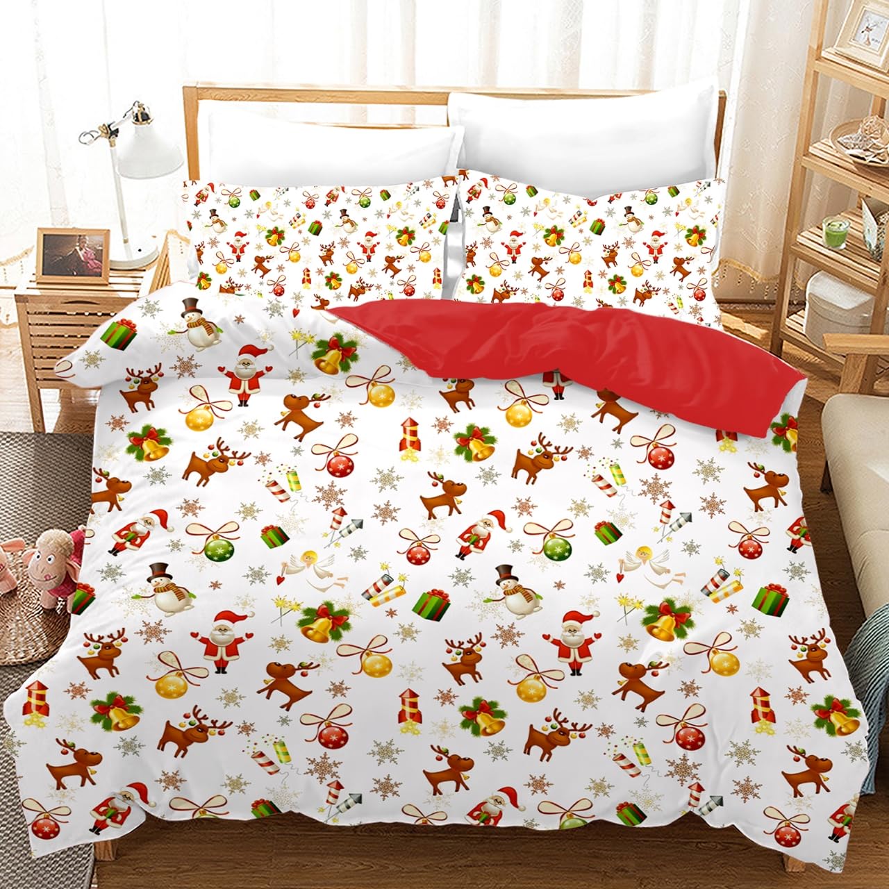 Housse de couette Noël 220x240cm avec 2 taies d'oreiller Père Noël et cerfs pour lit double