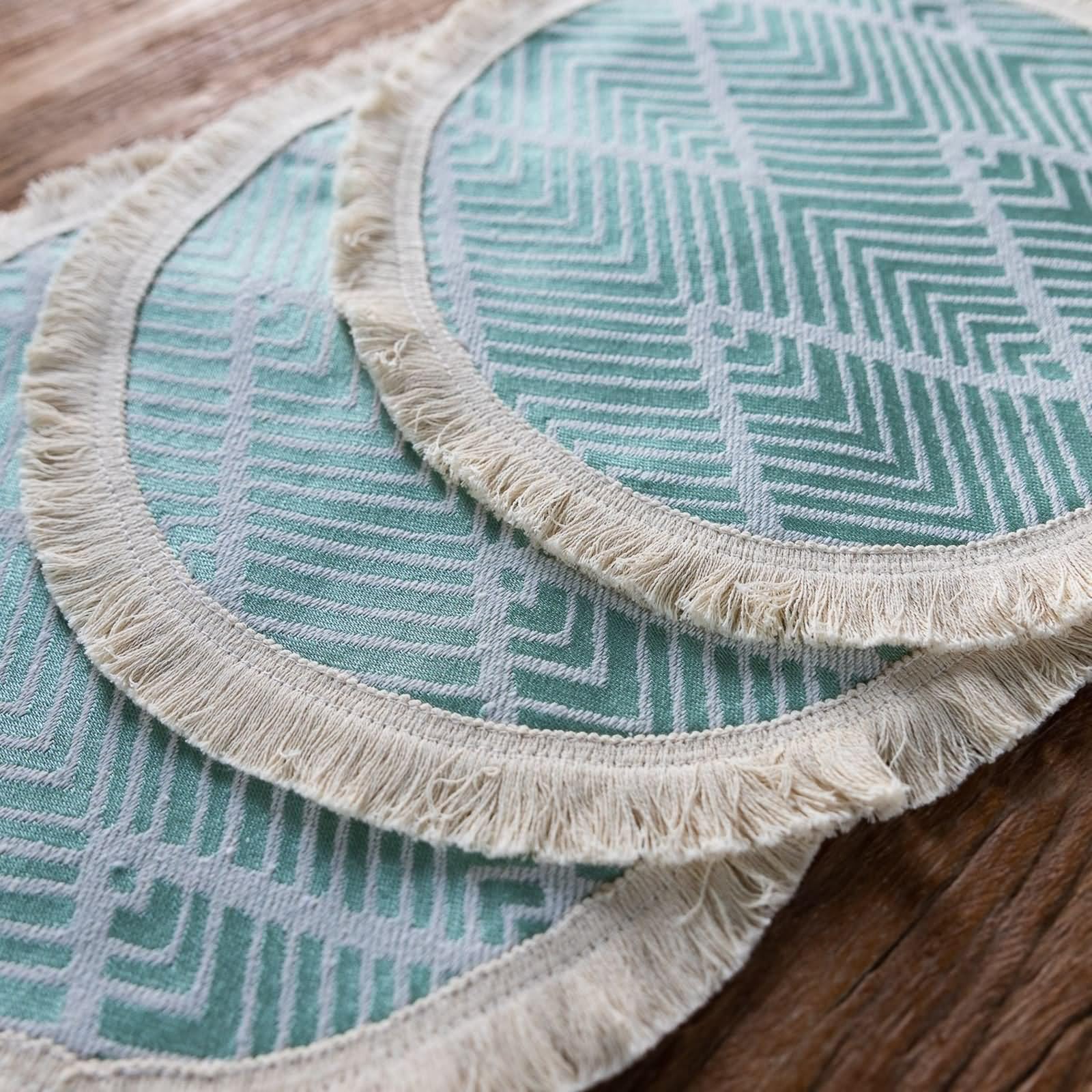 Platzsets XXL 6er Set, Tischunterlage Esstisch Schön 38cm Wellenstreifenmuster mit Quaste Polyester Baumwolle Grün Beige