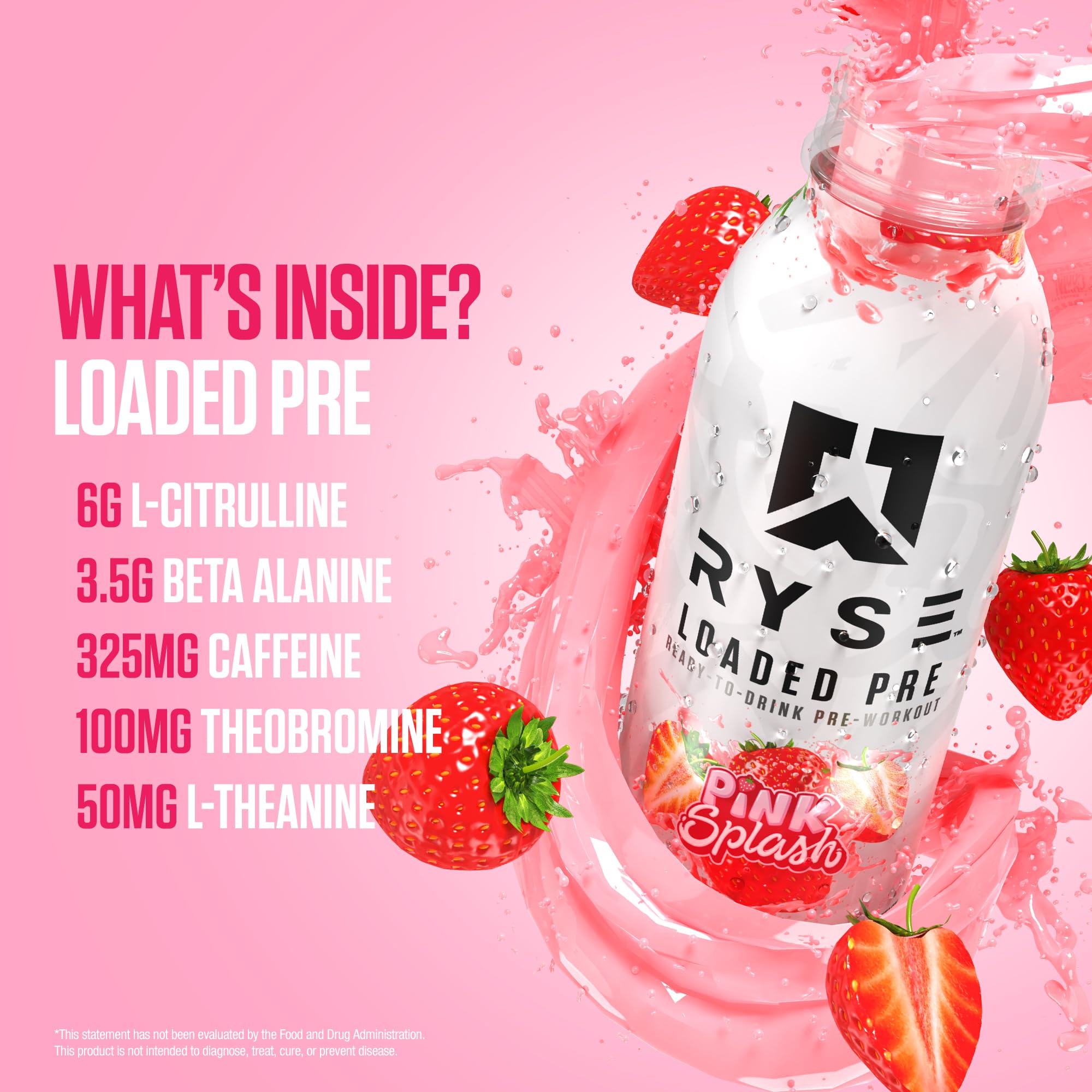 RYSE Loaded Pre Workout Drink - Pink Splash - Sugar-Free, Ready to Drink Energy Supplement with 325mg Caffeine, Citrulline & Beta Alanine for Focus & Pump - 12 fl oz Bottles (Pack of 12) — Amazon image 4