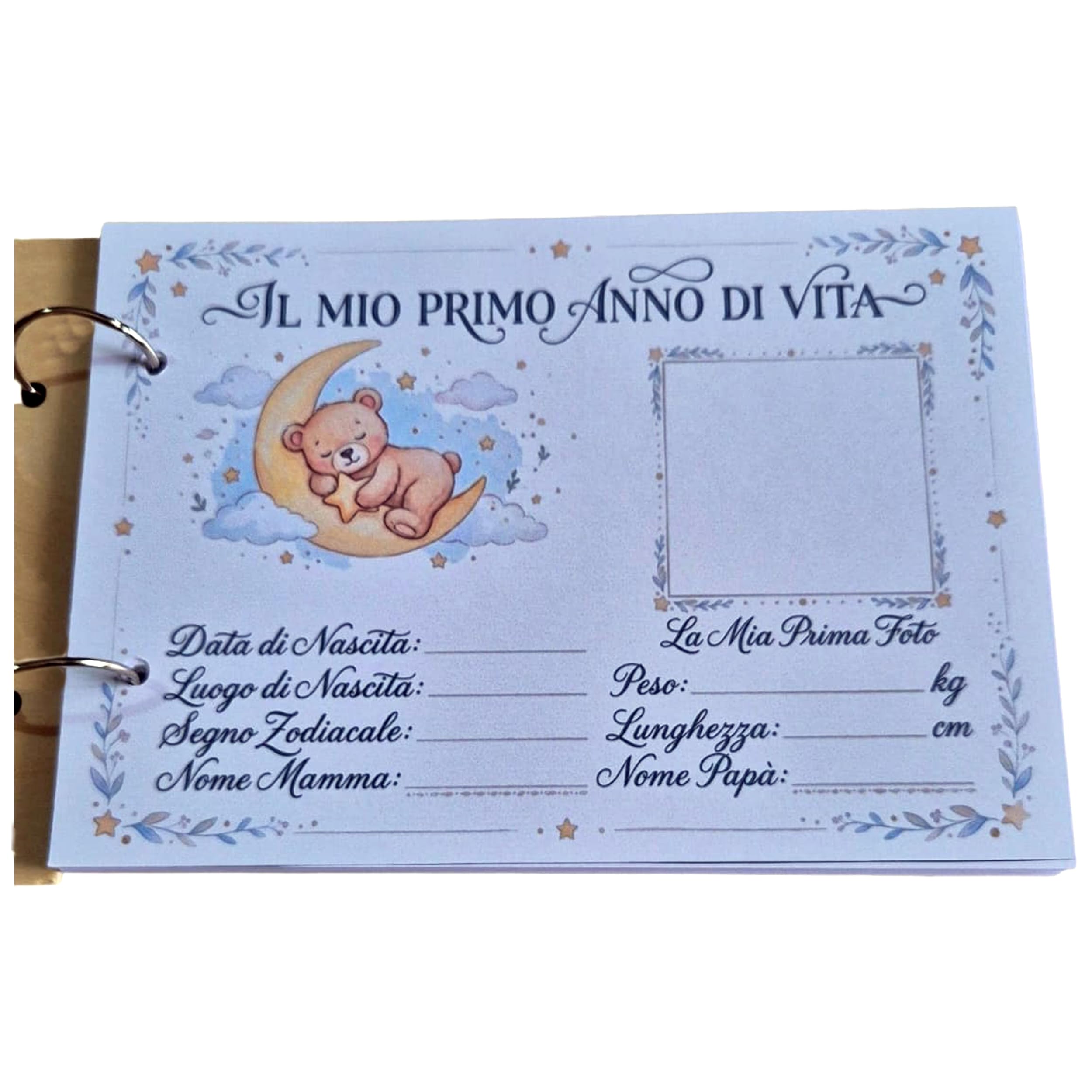 Album Foto Neonato "Il Mio Primo Anno" in Legno – Diario Nascita con Dettagli 3D a Rilievo e Pagina Dati – Idea Regalo Battesimo e Nascita – Design Orsetto sulla Luna