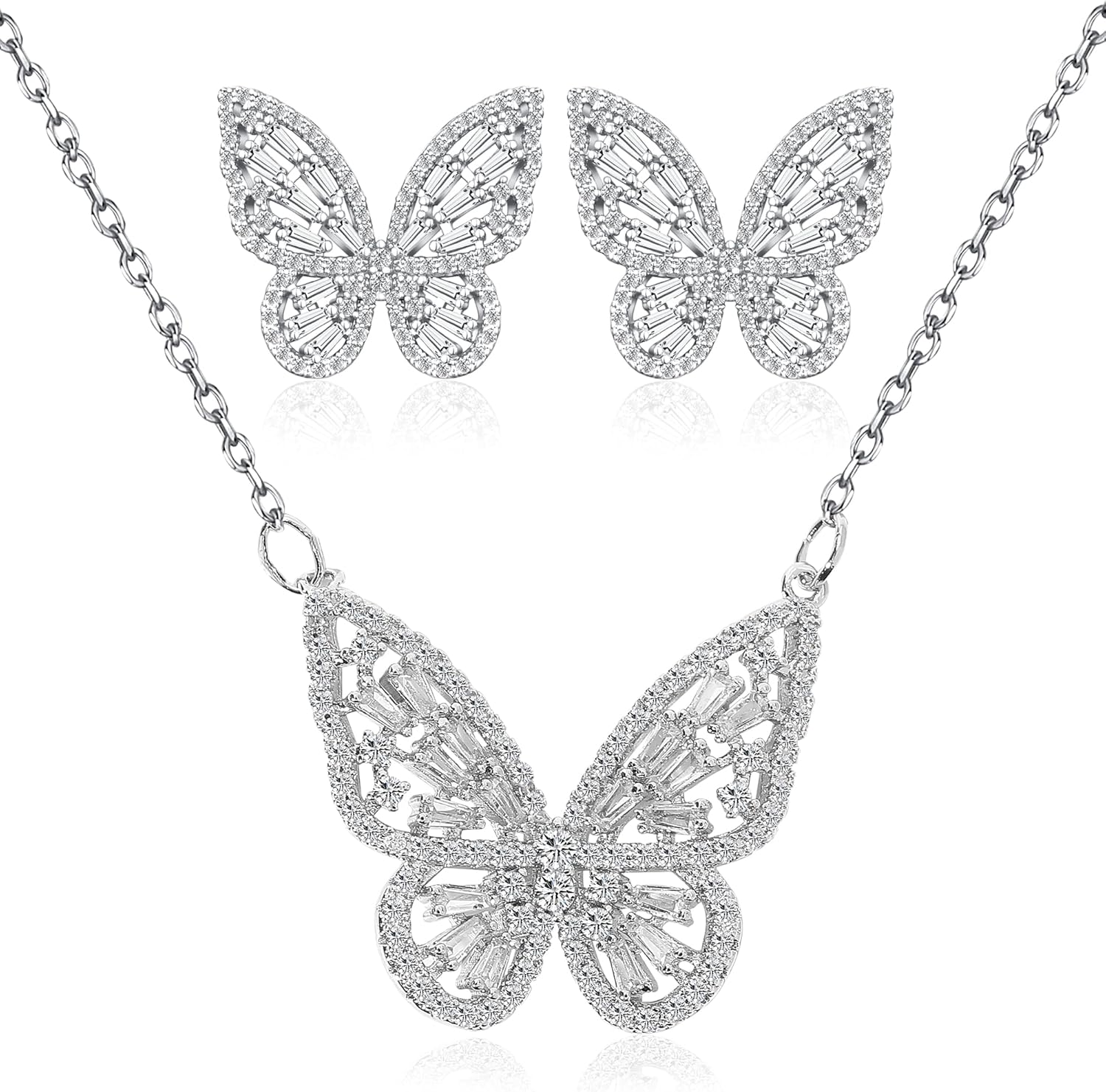Women's Jewelry Sets Crystal Butterfly Earrings Necklaces for Women Cubic Zirconia White Gold Butterfly Necklace Ring Bangle Bracelet Birthday Anniversary Valentines Mother's Day Jewelry Gifts for Mom Bridesmaid Wife Sister Friend