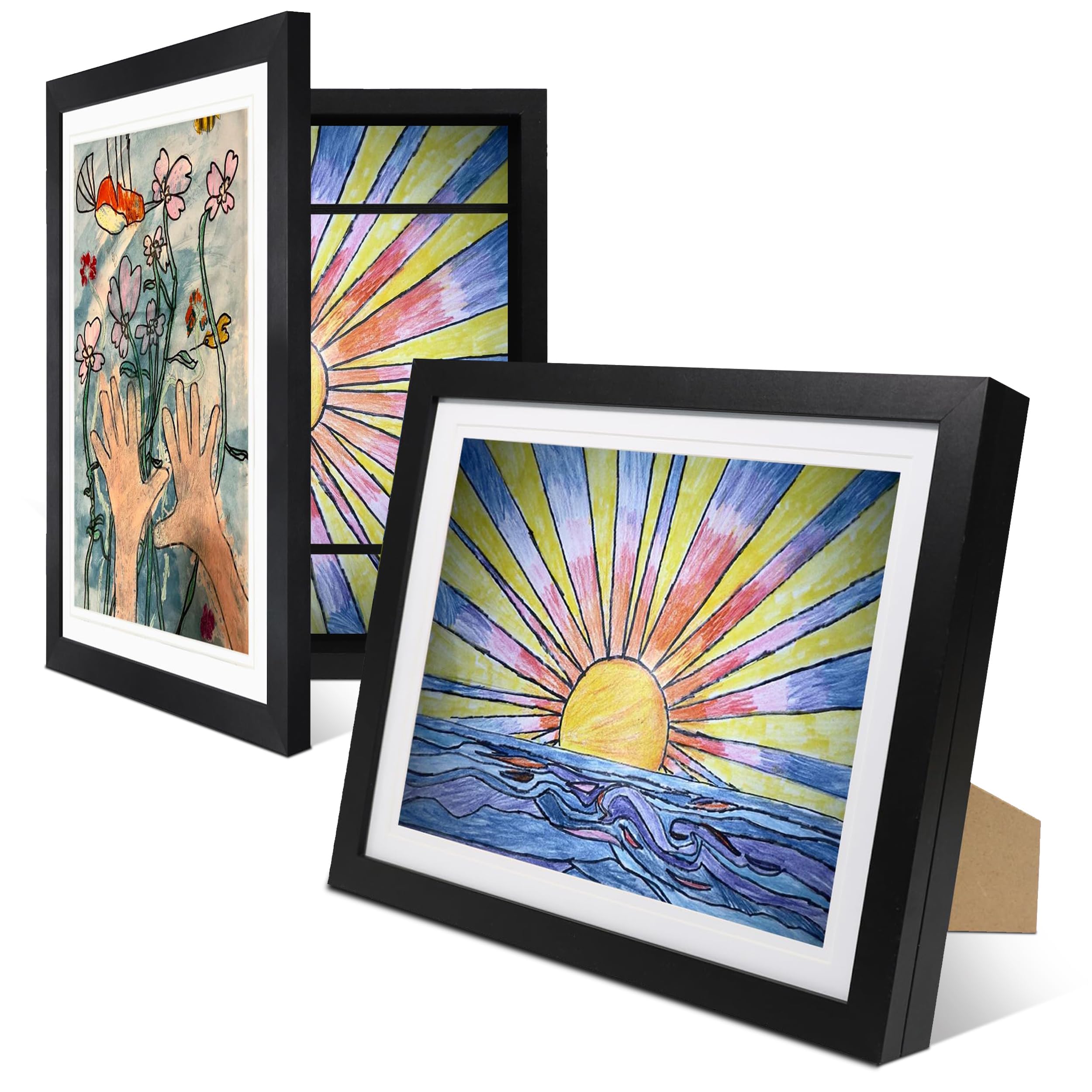 2-Pack Kids Artwork Frames Changeable 10x12.5 with Easel Stand, Hangers, Backboard, Shatterproof Plexiglass | 2 Mats Fit 9x12, 8.5x11, A4 Paper Sizes | Large and Easy-Access Kids Art Frame Display and Storage for up to 100 Sheets (Black)