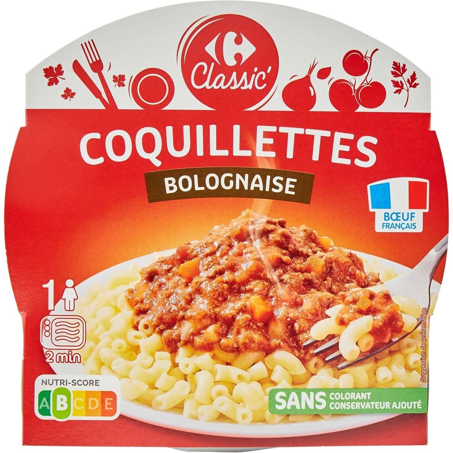 CARREFOUR CLASSIC' – Plat Cuisiné Prêt à Déguster, Coquillettes Bolognaise Savoureuse (300g) - Le Lot De 4