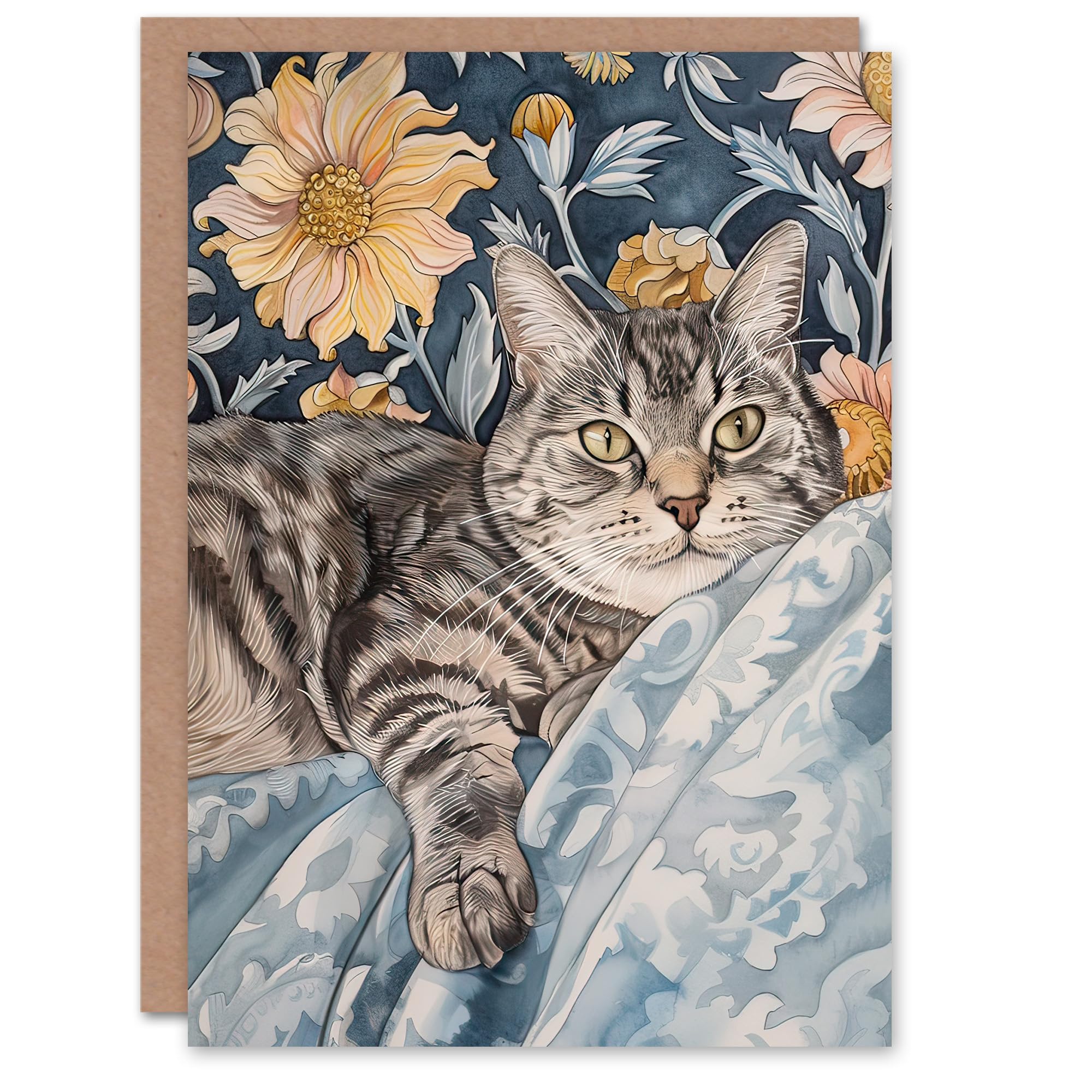 Artery8 Greeting Card Cat Lover Tabby Moggie Elegant Floral Portrait Blank For Him Or Her Art Birthday Card