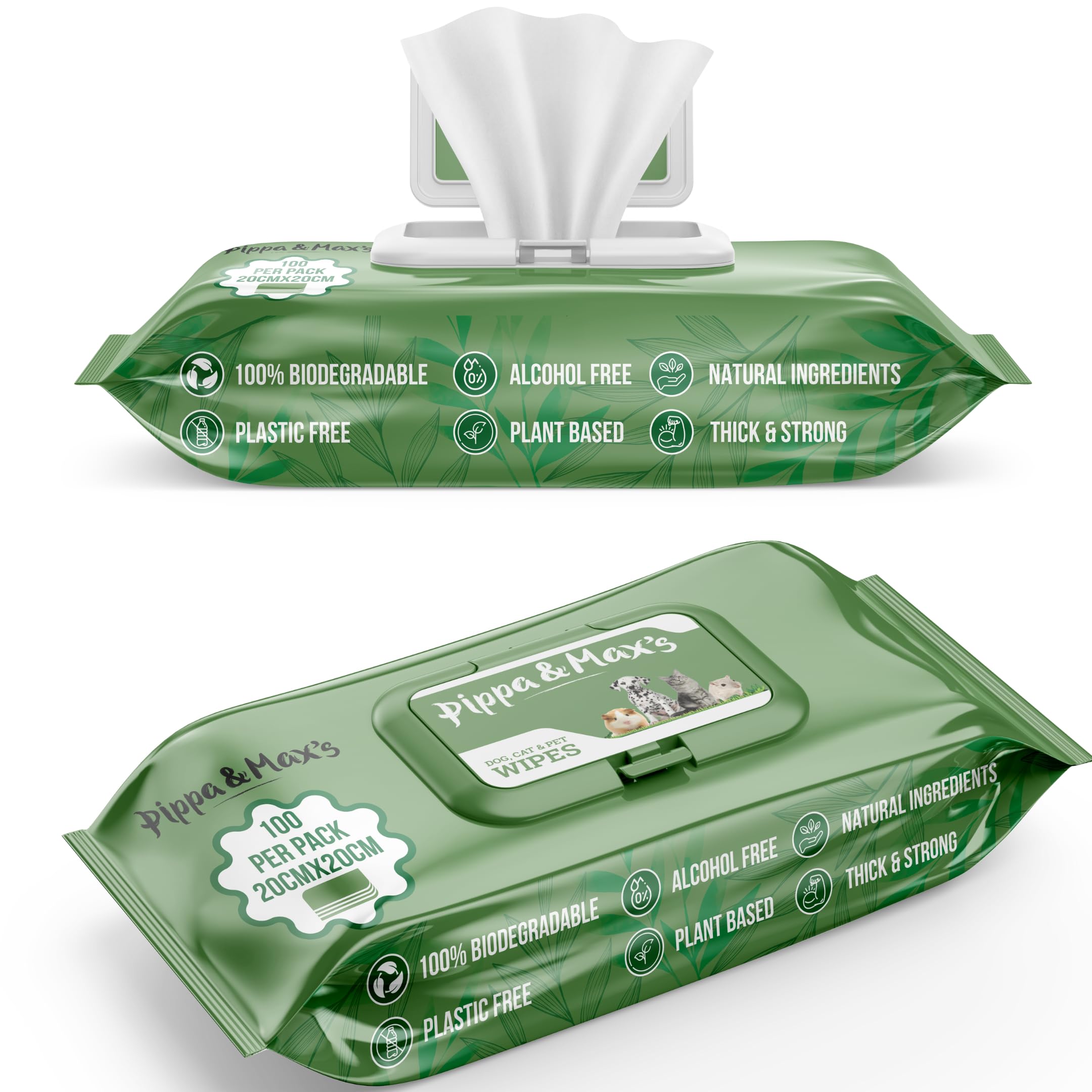 Pippa and Max Pet Wipes for Dogs & Cats, Thick 100% Plant Based Grooming Wipes, Hypoallergenic Cleaning for Paws, Body, Ear, Eye, and Bum, Non-Scented, 100 Count