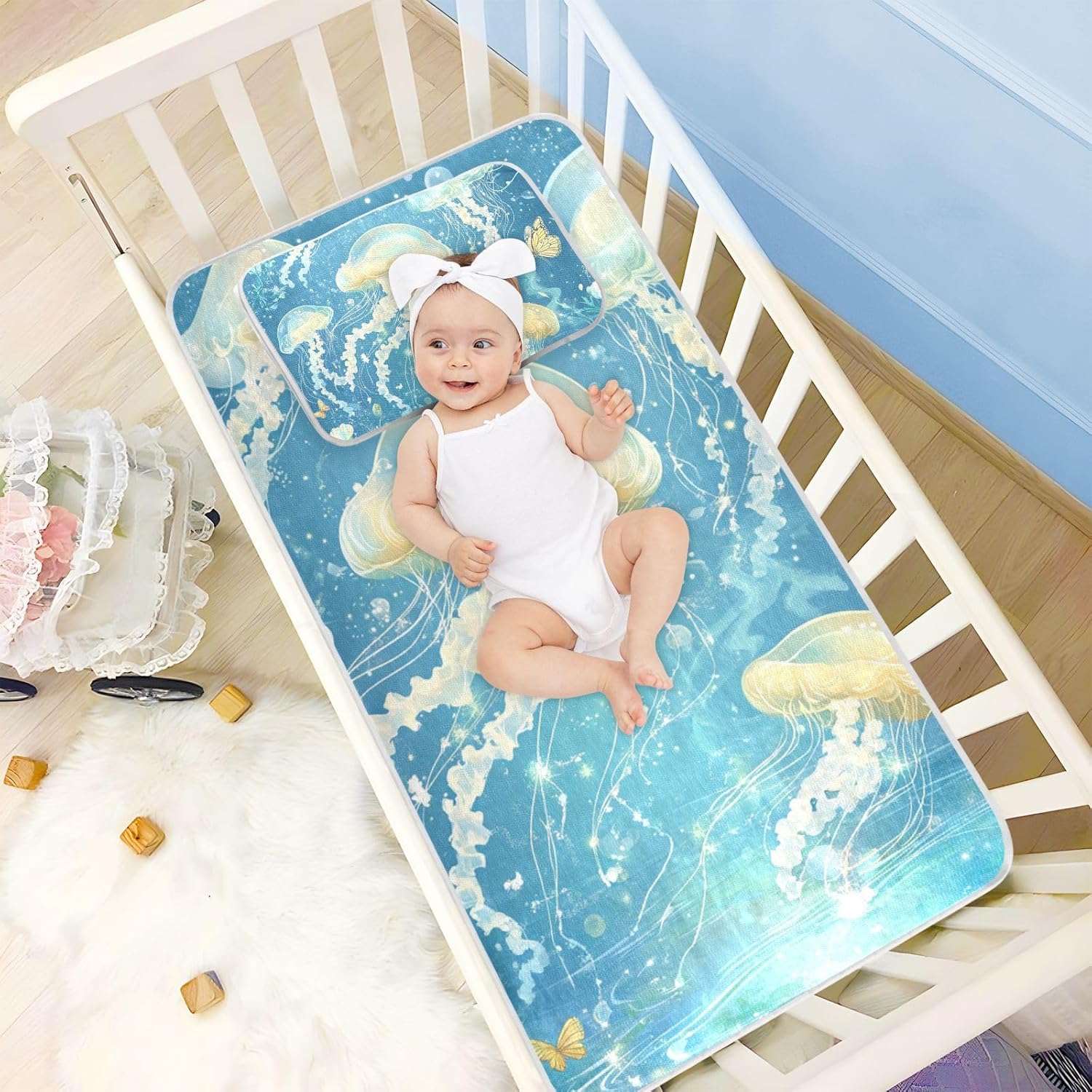 Cartoon Jellyfish A River Blue Cooling Baby Mattress pad Protector 28" x 52" Washable Mattress pad Cover for Baby&Toddler