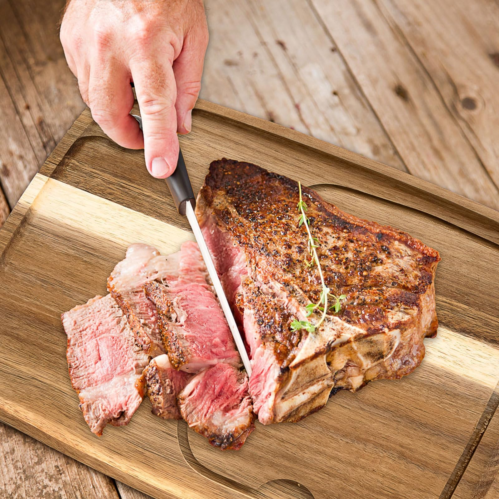 6er Set Akazienholz Steak Bretter, Holz Steak Servierbrett mit Saftk | Küche Schneidebrett Steakteller Servierplatte Holzbrett Brett für Fleisch Grill Brot Dessert Burger Pizza Sushi, 33 x 28 cm
