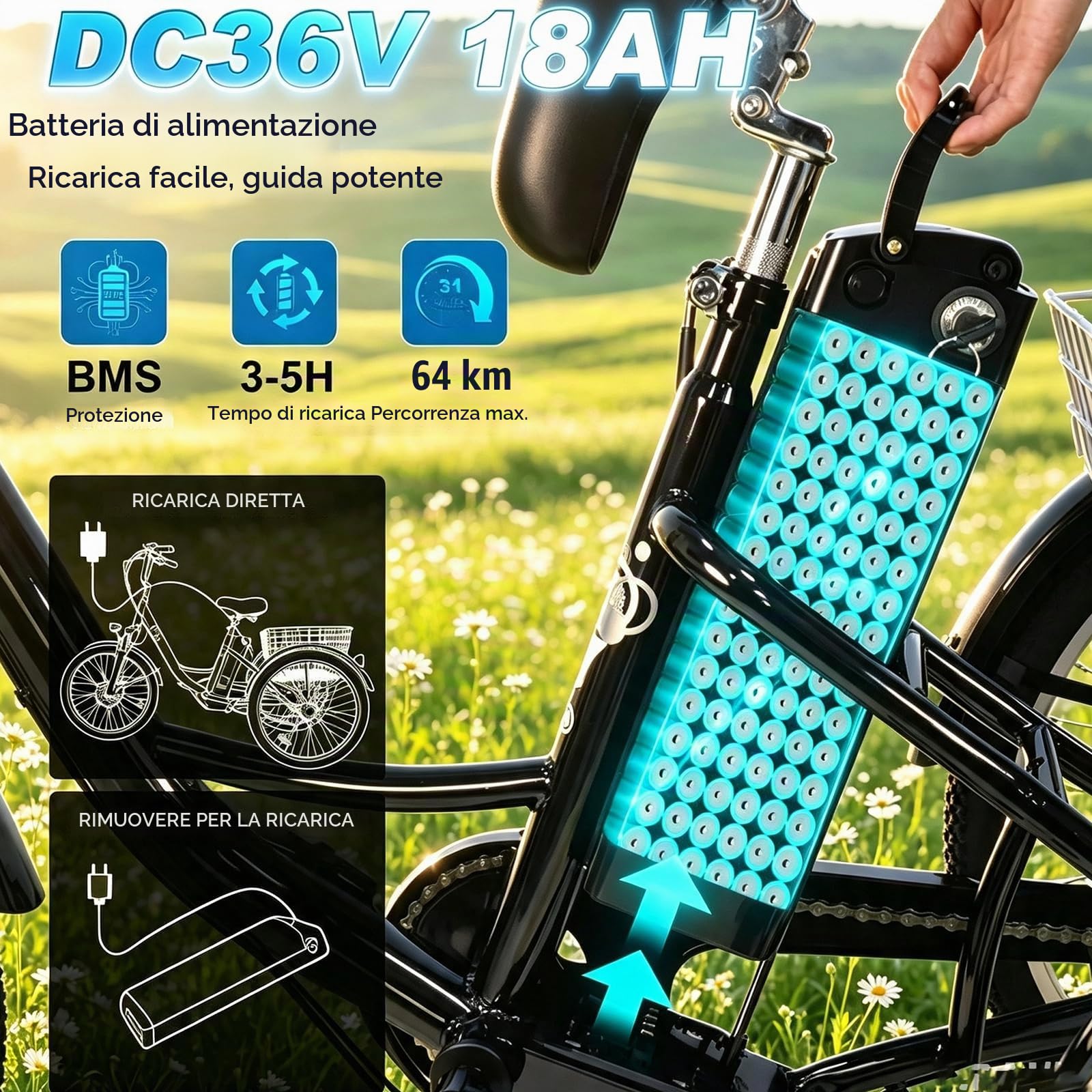 Triciclo elettrico per adulti M300,batteria rimovibile da 36 V e 18Ah | CE\EN15194,pneumatici antiscivolo e resistenti da 24 pollici,7 marce,triciclo da campeggio,triciclo da carico per anziani