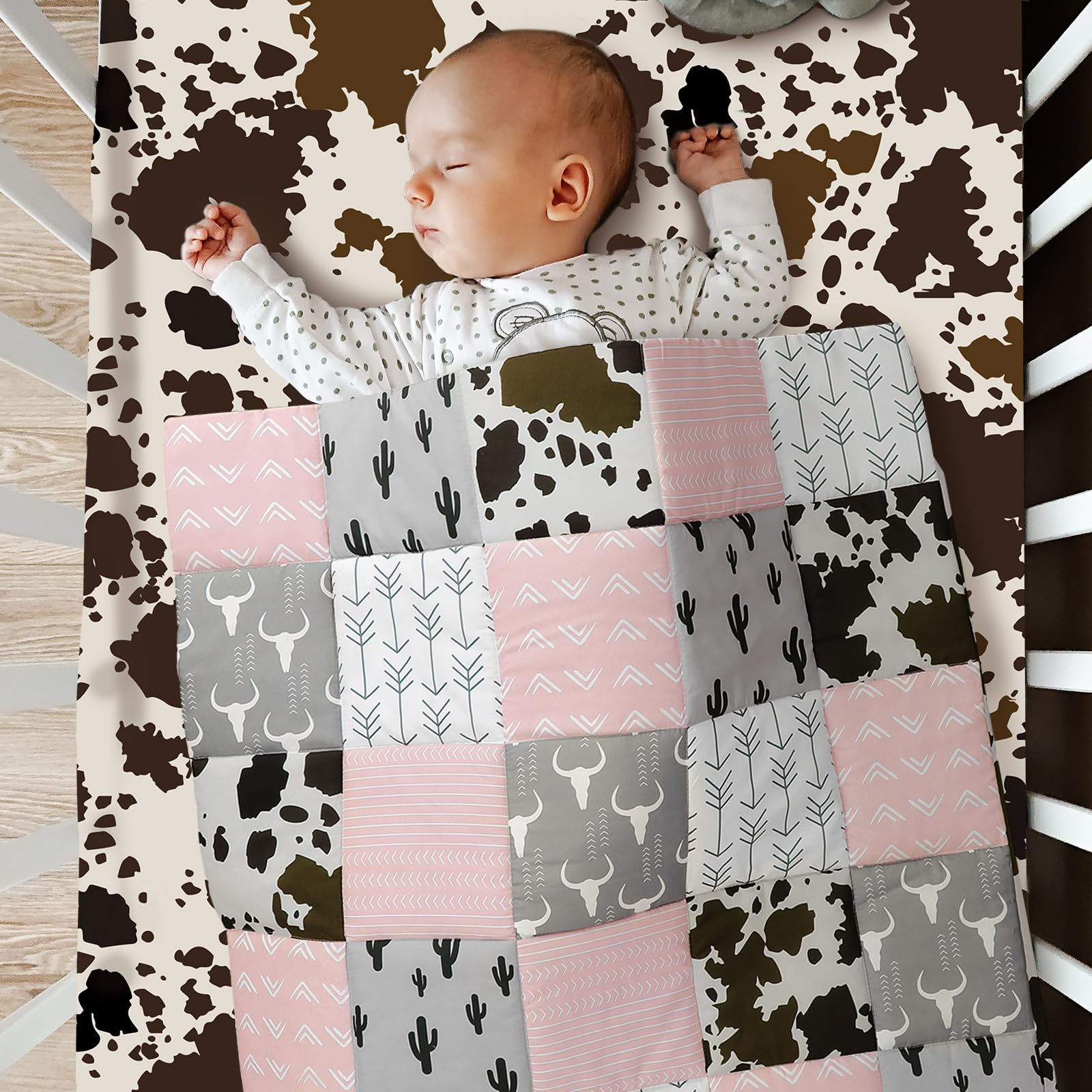 Hahafelt 3-teiliges Patchwork-Bettwäsche-Set für Jungen und Mädchen, Kuh-Kaktus-Druck, Baby-Bettwäsche, Barnyf, Western-Kinderzimmer, Dekoration, weiches Baby-Bettwäsche-Set mit Steppdecke