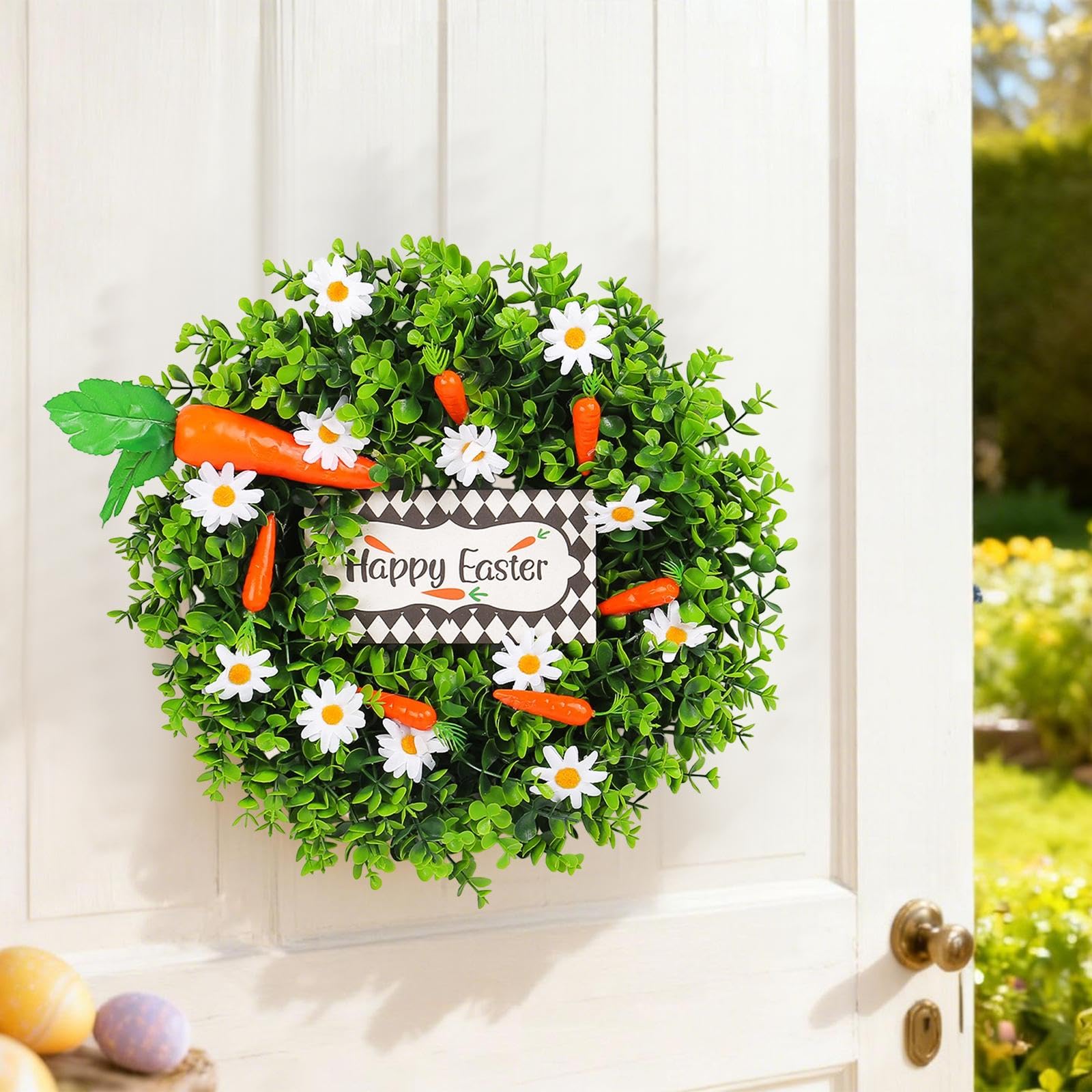 Couronne de Carottes de Pâques, Fleurs Artificielles pour Porte D'entrée, Panneau « » pour Les Fêtes