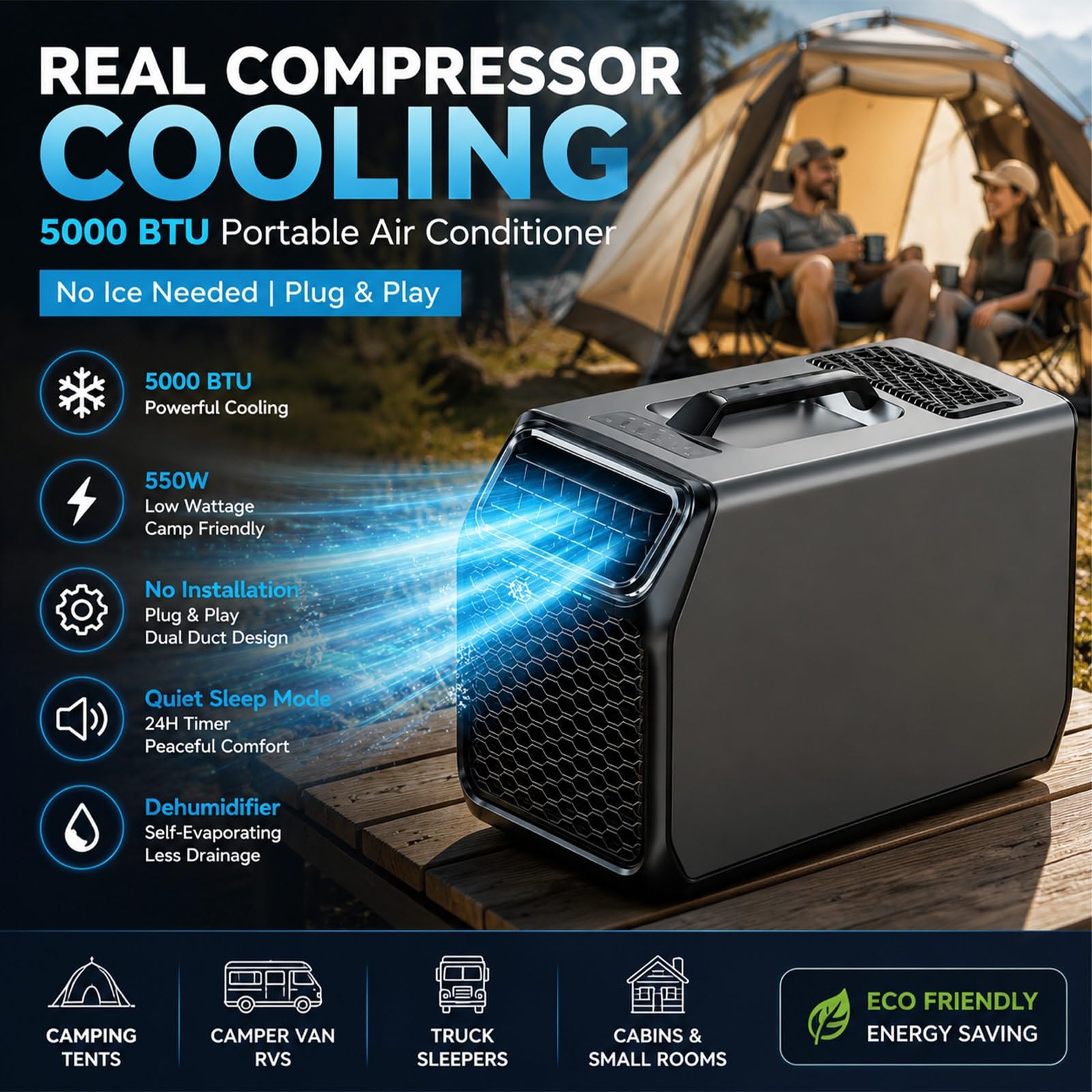 Clima Portatile Silenzioso, Condizionatore 5000 BTU | Climatizzatore Tutto-in-Uno Senza Installazione, Unità di Raffreddamento Leggera con Griglia per Officina e Casa