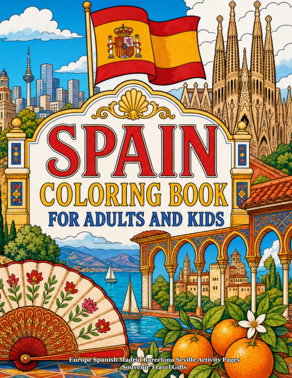 Spain Coloring Book for Adults and Kids: Europe Spanish Madrid Barcelona Seville Activity Pages Souvenir Travel Gifts