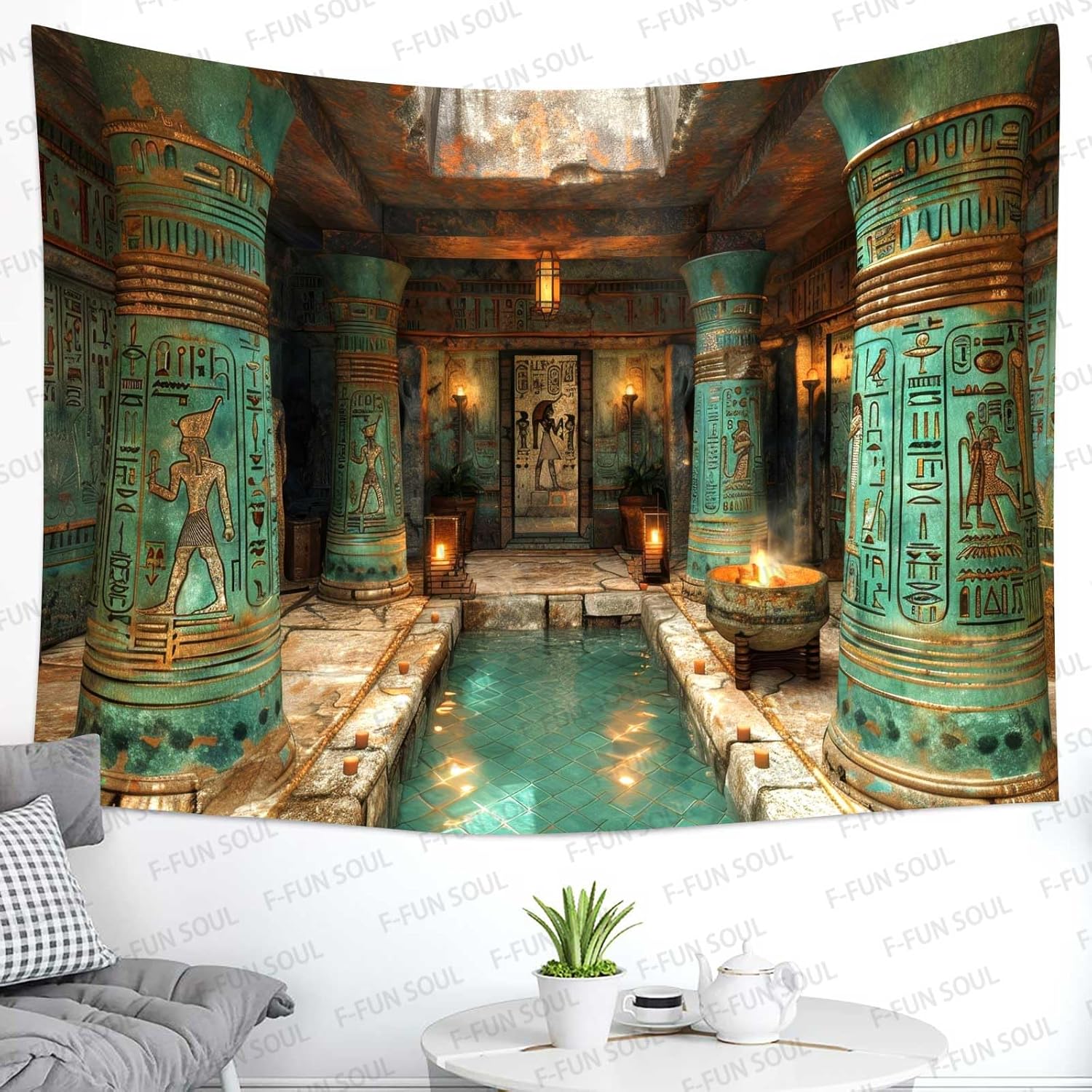 F-FUN SOUL Egyptian Temple Tapestry Ancient Mysterious Hieroglyphic Wall Hanging Tapestry for Home Living Room Bedroom Dorm Decor 100x90 inches GTOKFS0804