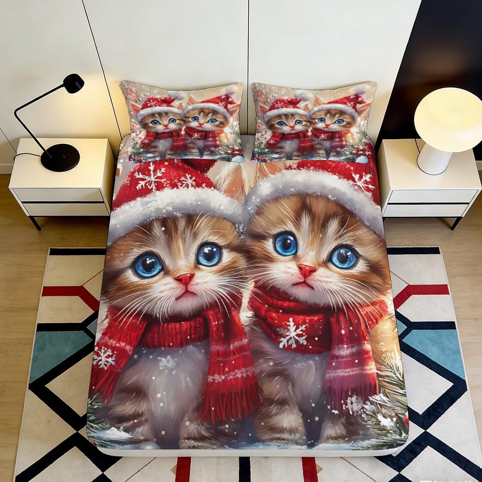 Jqzkxnhpbr Style-2 3D Printed Christmas Cat Fitted Sheet Microfiber Soft Red Scarf Kitten Bed Cover For Bedroom Dorm Mattress Decor 90X200x25cm