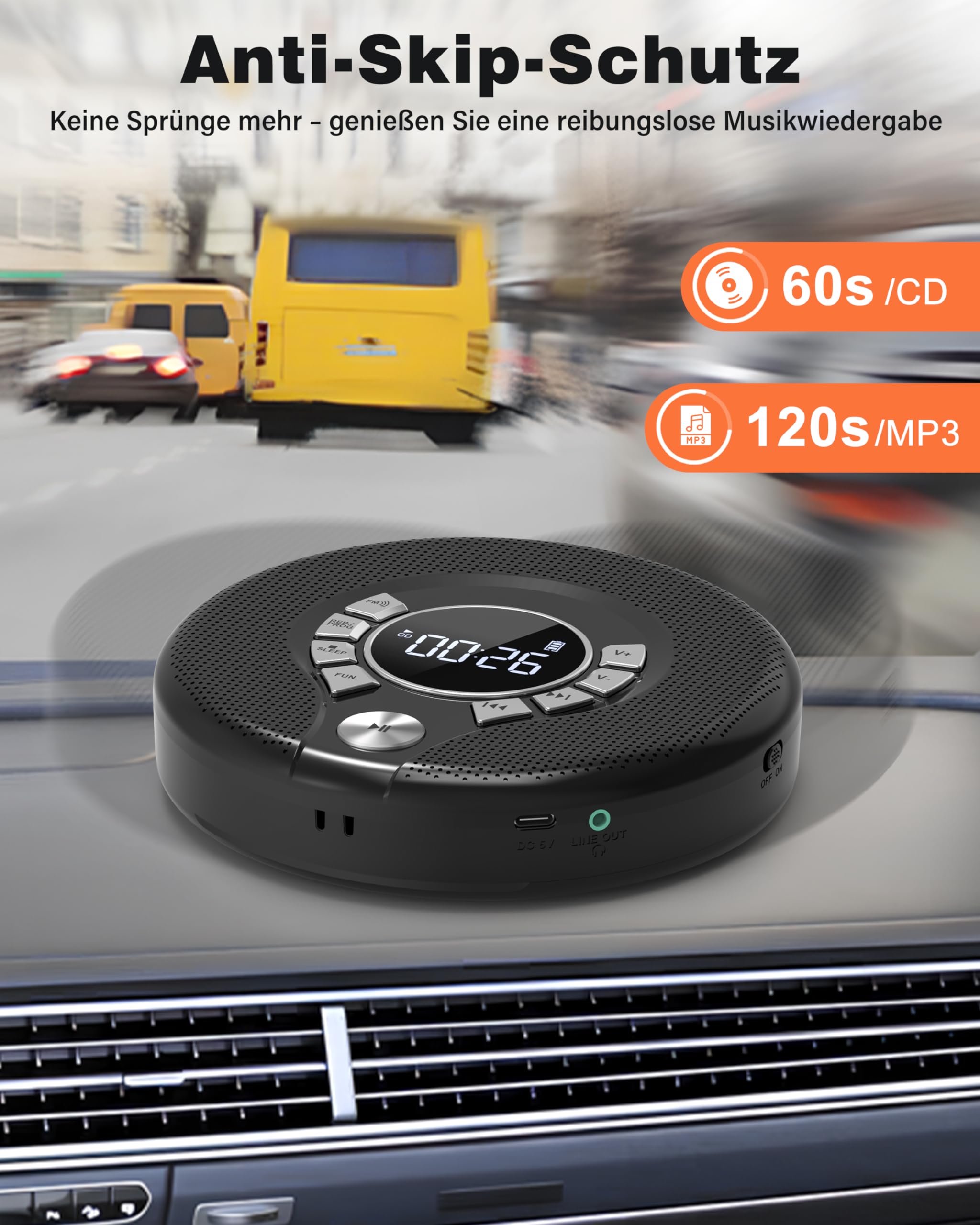 Greadio Bluetooth CD Player Tragbar mit Kopfhörer Discman CD-Player | Anti-Skip/Stoßfest und 2000mAh Wiederaufladbarer, Kompatibler FM-Sender, USB, AUX-Ausgang, HiFi-Doppellautsprecher für Auto