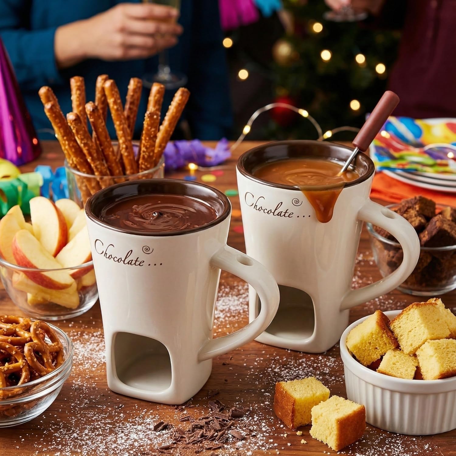 2 Pack Fondue Pot Ceramic Chocolate Fondue Mug Set with 2 Forks Personal Fondue Mugs Melting Pot for Chocolate, Cheese, Butter, Suitable for Home Party Wedding