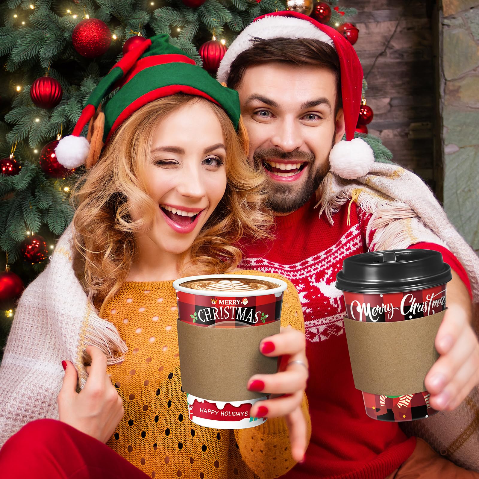 Layhit Set di 100 bicchieri da caffè natalizi in carta con coperchio, 350 ml, usa e getta, motivo albero di Natale, bicchieri per cioccolata calda, per Natale, inverno, vacanze, bicchieri per bevande
