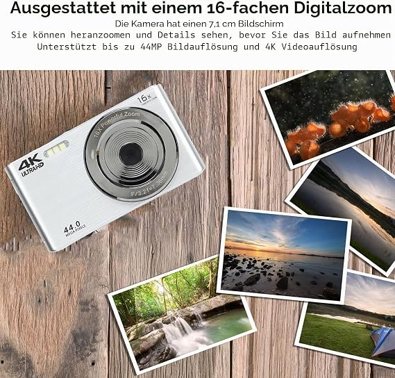 Digitalkamera 4K 44MP HD Minikamera 28 Zoll 16 facher Digitalzoom Stoßfeste Kompaktkamera Vlogging Kamera für die Fotografie (Silber)