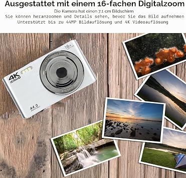 Digitalkamera 4K 44MP HD Minikamera 28 Zoll 16 facher Digitalzoom Stoßfeste Kompaktkamera Vlogging Kamera für die Fotografie (Silber)