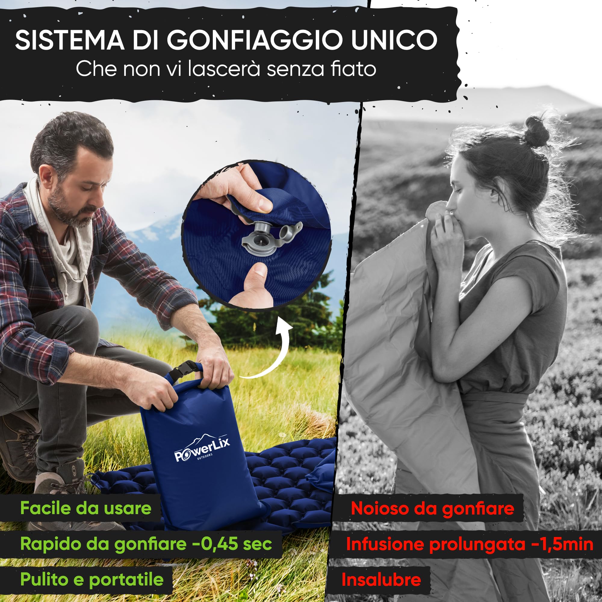 POWERLIX Materassino Campeggio Ultraleggero Ideale per Campeggio, Escursionismo, All'aperto, Materasso Gonfiabile Compatto e Leggero - Airpad, Kit di Riparazione Borsa per il Trasporto