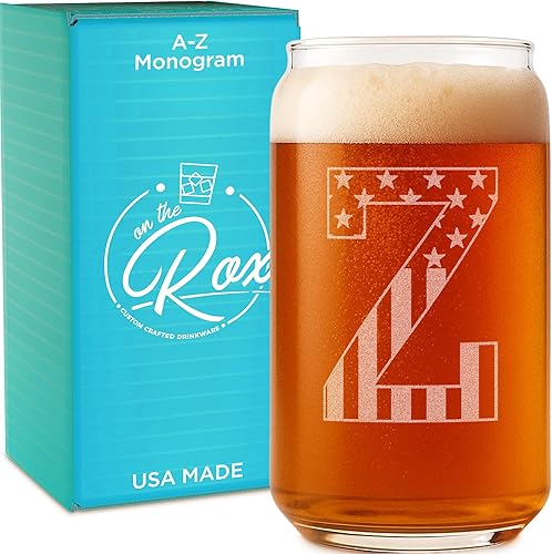 Miniatura 110 de Vaso en forma de lata de cerveza con monograma grabado - bandera de EE.UU.