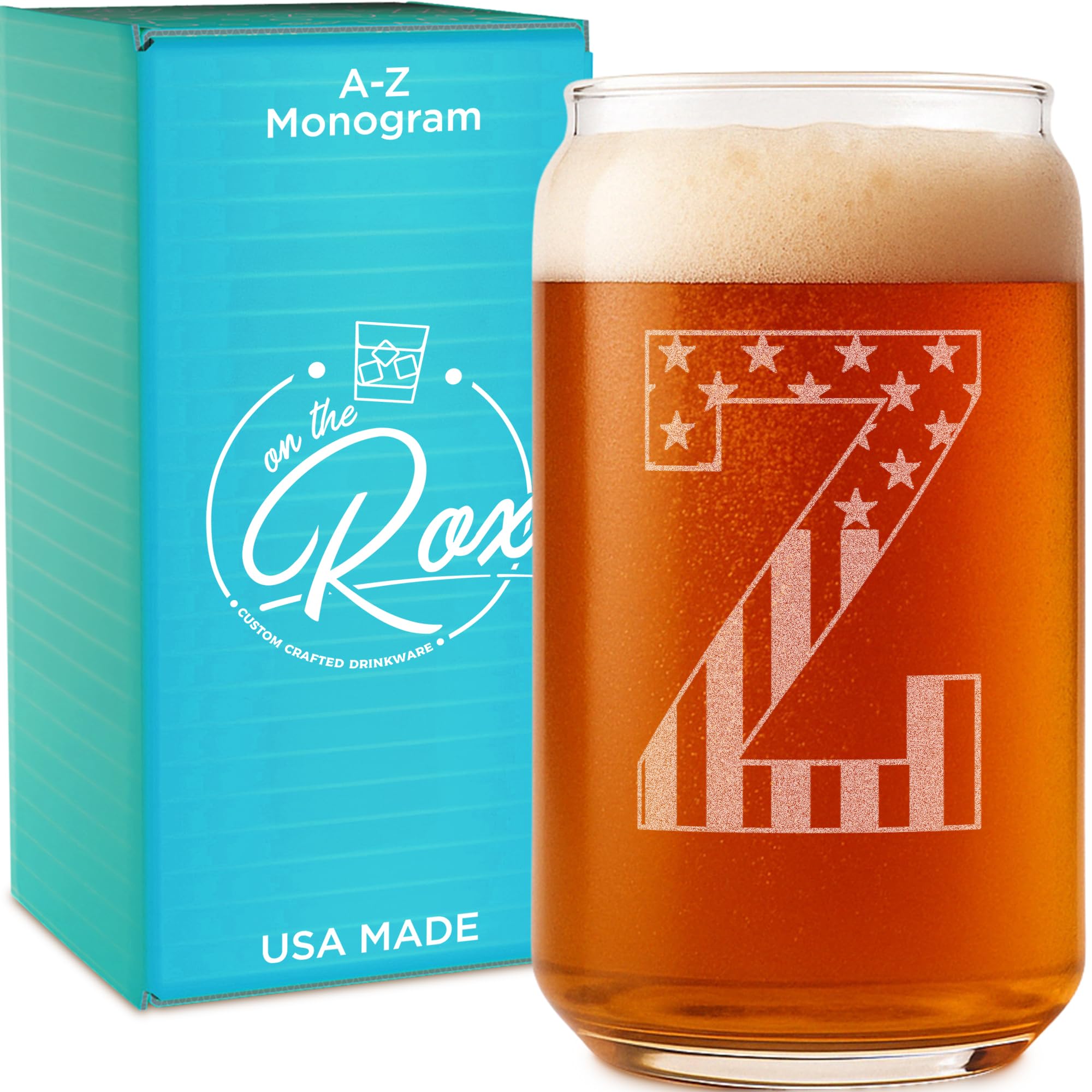 On The Rox Monogram Beer Glasses for Men (A-Z) 16 oz - Personalized Engraved Beer Gifts for Him - Groomsmen Gifts Brother in Law Dad Son Coworker - Unique USA Made Dishwasher Safe Pint Glass (Z)